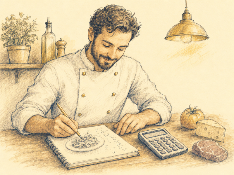 Hand-drawn illustration of a chef sketching a recipe in a notebook beside a calculator and ingredient outlines