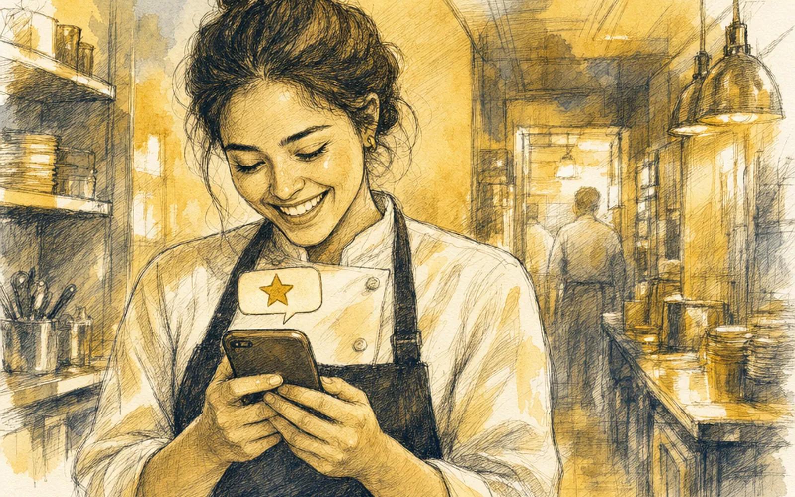 Un trabajador de hostelería recibiendo una notificación de match en su teléfono