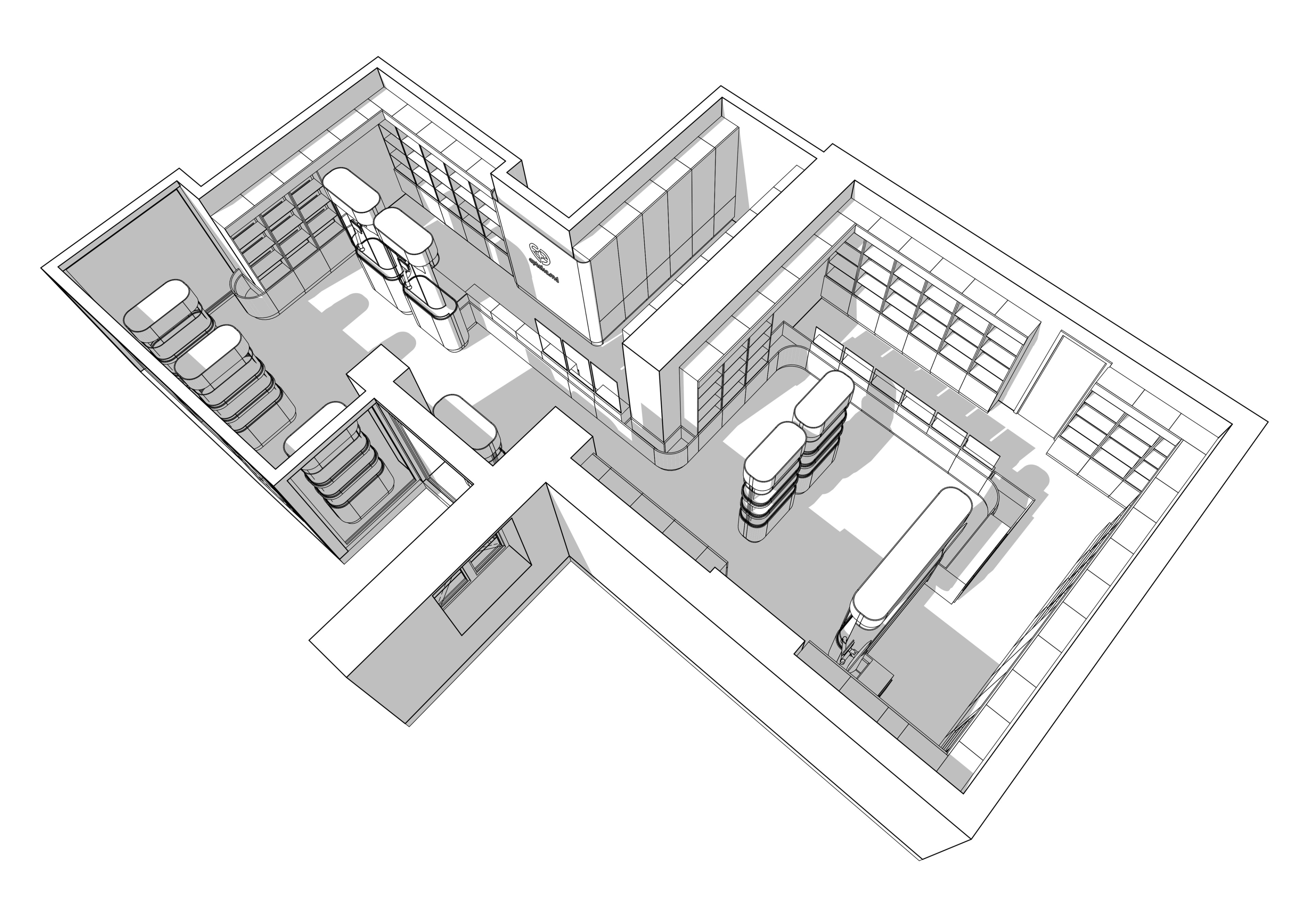 BIM axonometric of the Apteka.md pharmacy layout in Chișinău