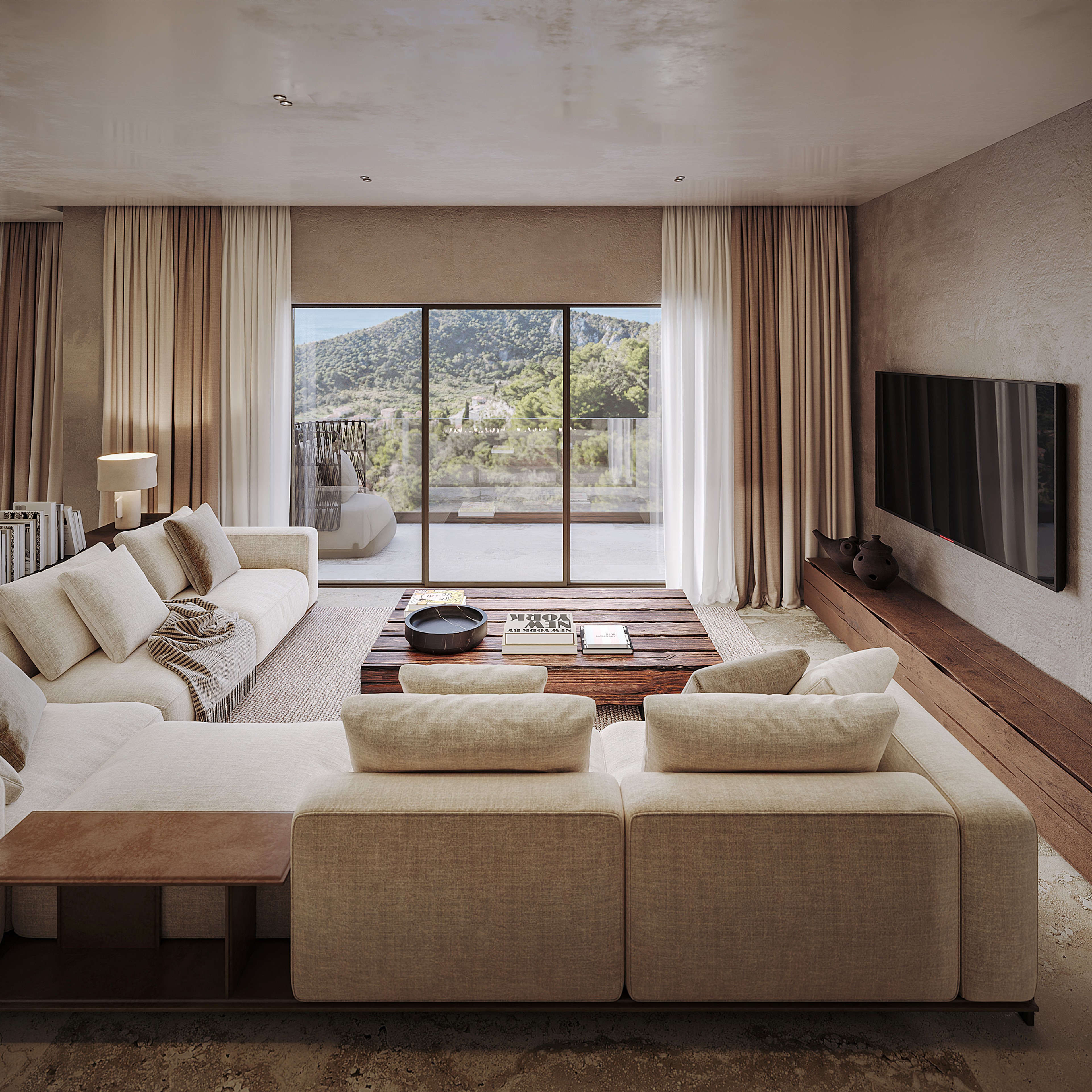 Villa living room interior in Èze, French Riviera, with panoramic views and natural materials — interior design by SOKRUTADESIGN