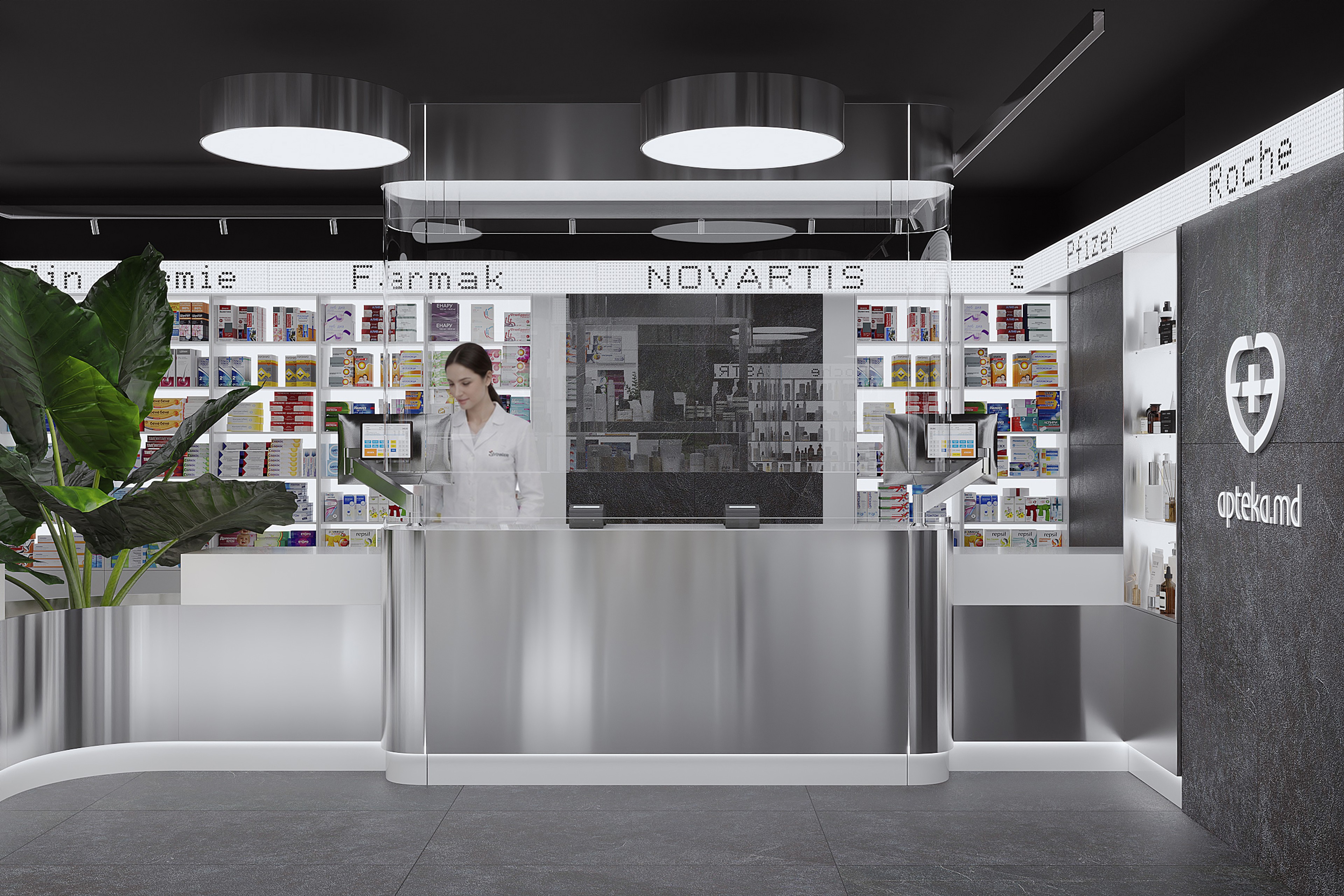 Apteka.md pharmacy checkout area with stainless steel counter, glass partition and illuminated pharmaceutical displays