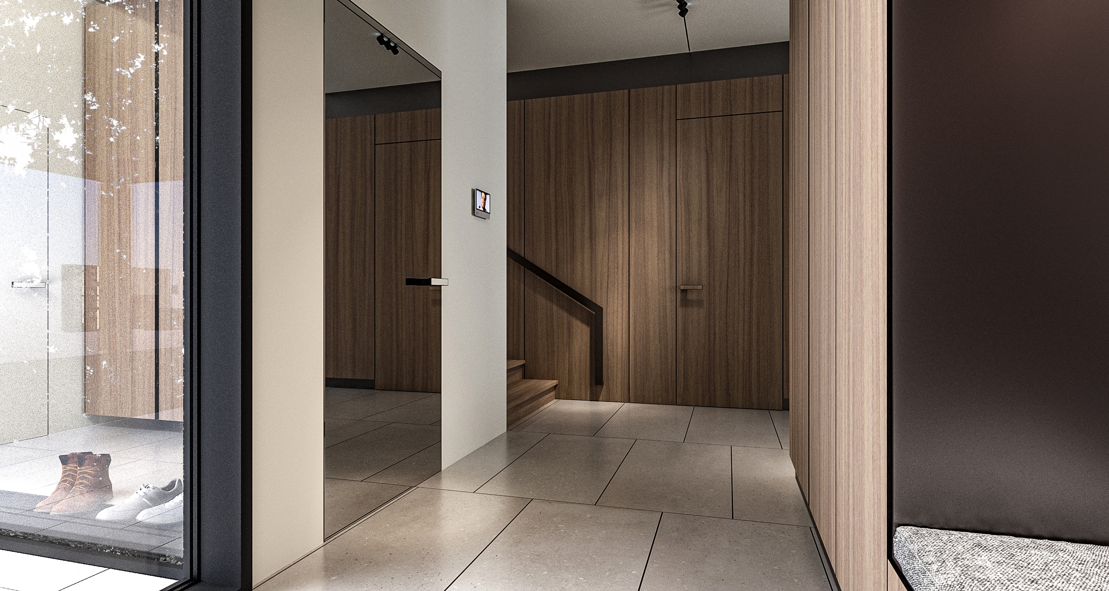 Przestronny salon w stylu contemporary z naturalnym drewnem, dużymi przeszkleniami i kominkiem centralnym.