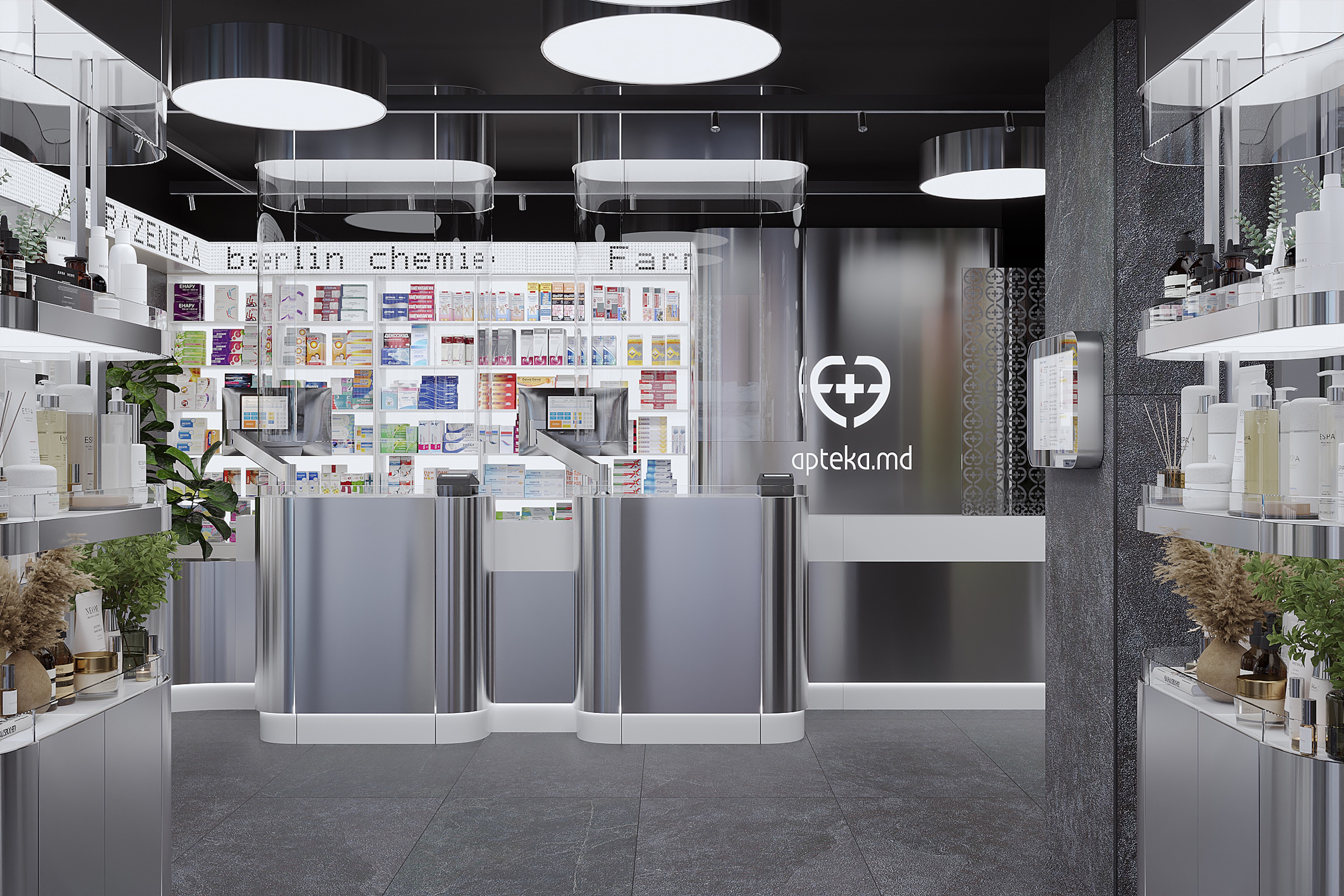 Modern pharmacy interior design for Apteka.md with stainless steel counters, glass partitions and dark textured surfaces