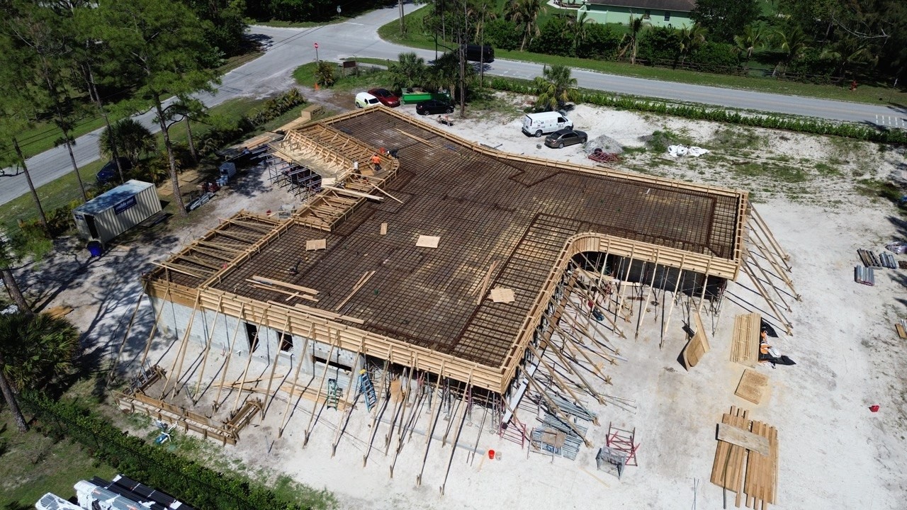 West Palm House during construction: aerial view of the slab and formwork