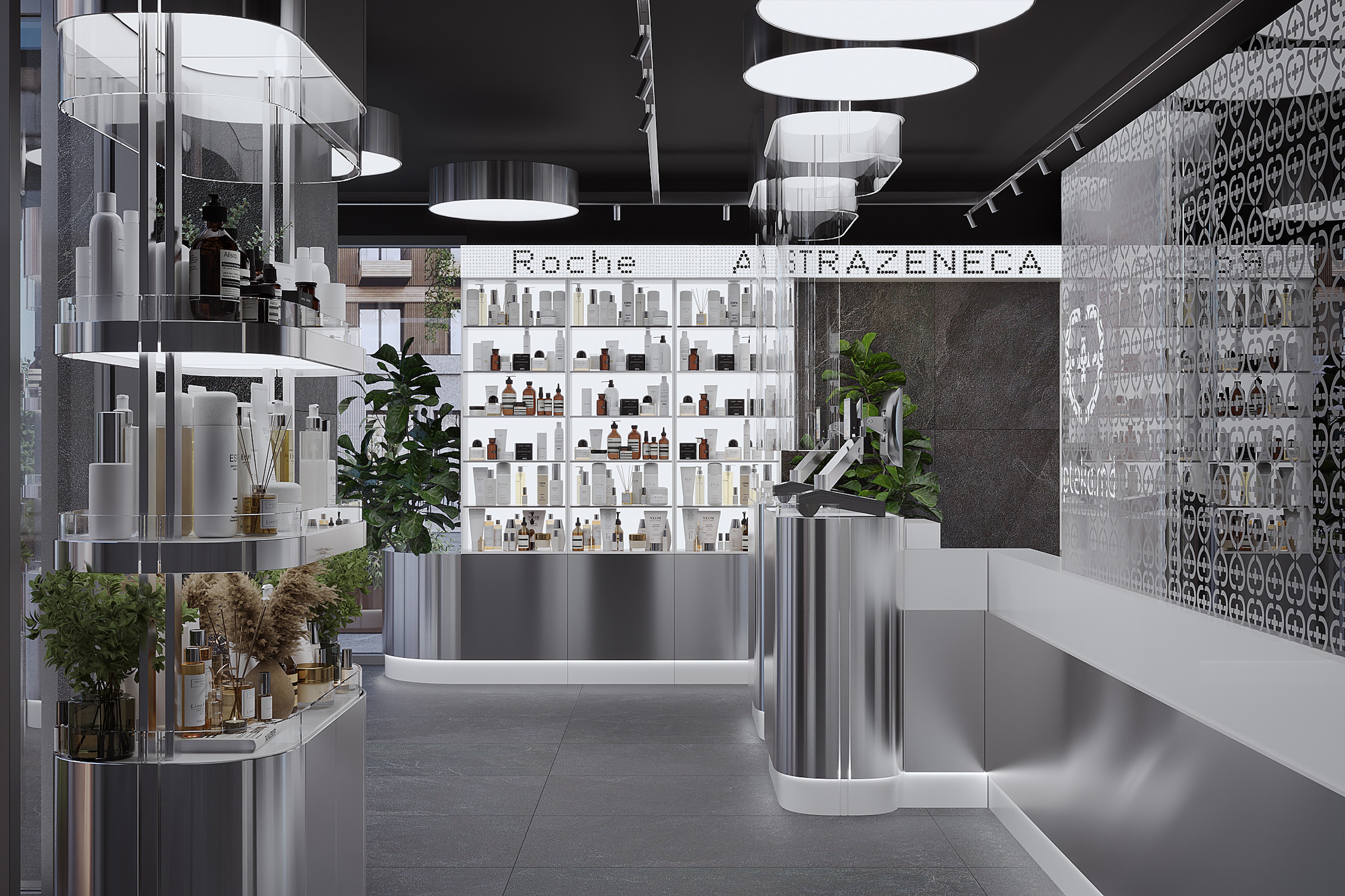 Contemporary Apteka.md pharmacy interior with curved stainless steel counters, glass display structures and illuminated product shelving