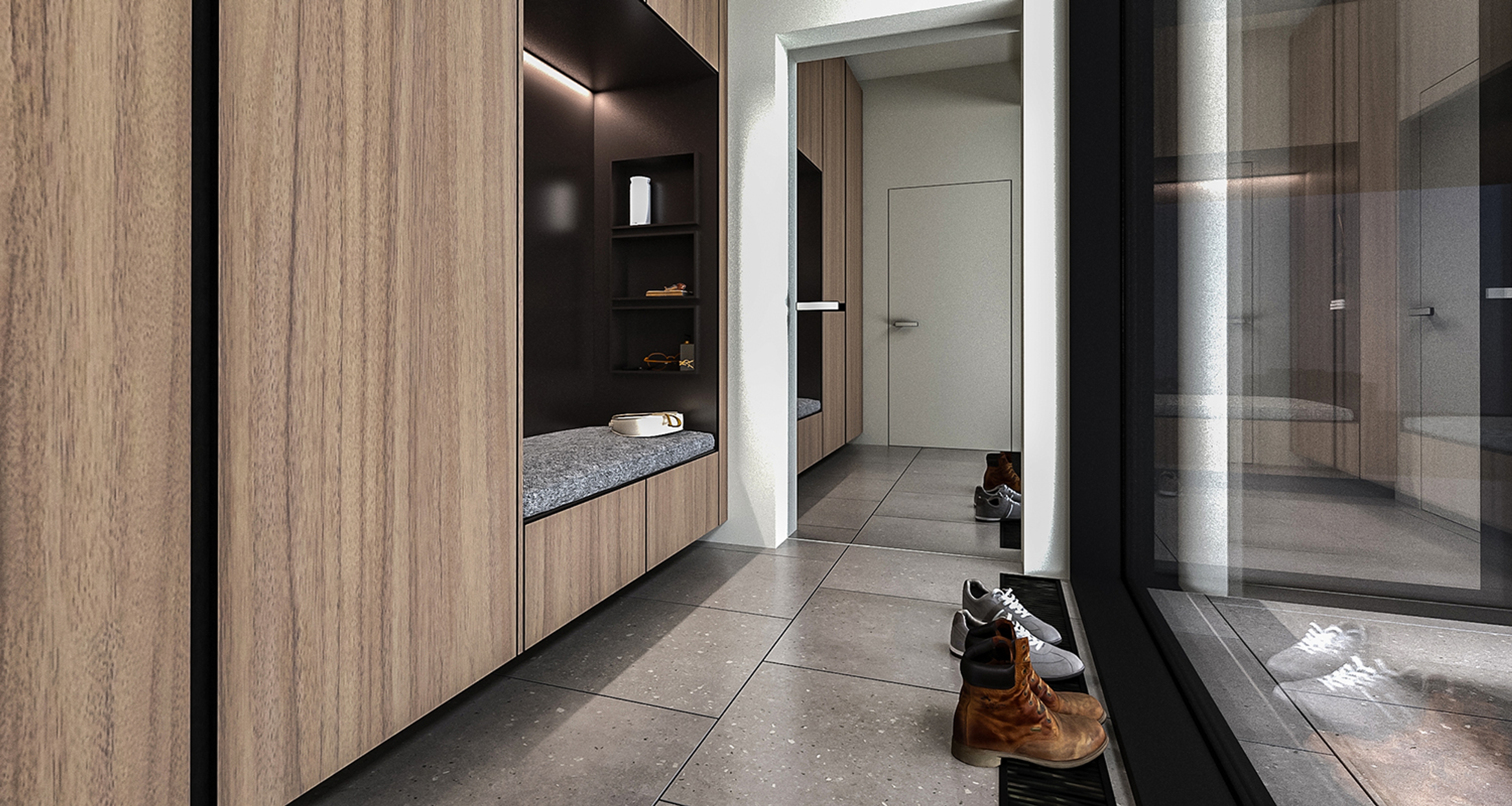 Przestronny salon w stylu contemporary z naturalnym drewnem, dużymi przeszkleniami i kominkiem centralnym.