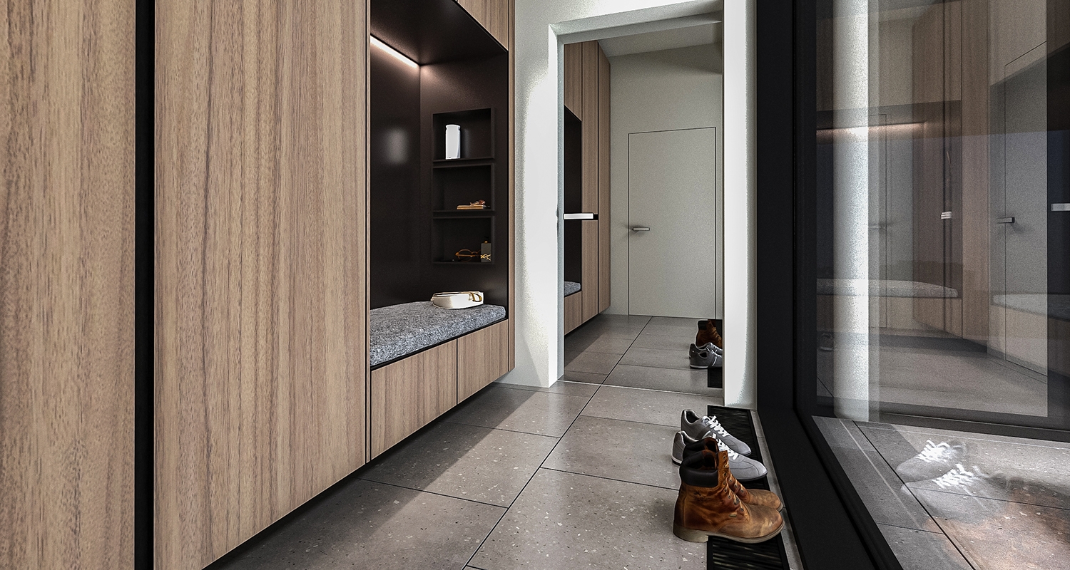 Przestronny salon w stylu contemporary z naturalnym drewnem, dużymi przeszkleniami i kominkiem centralnym.