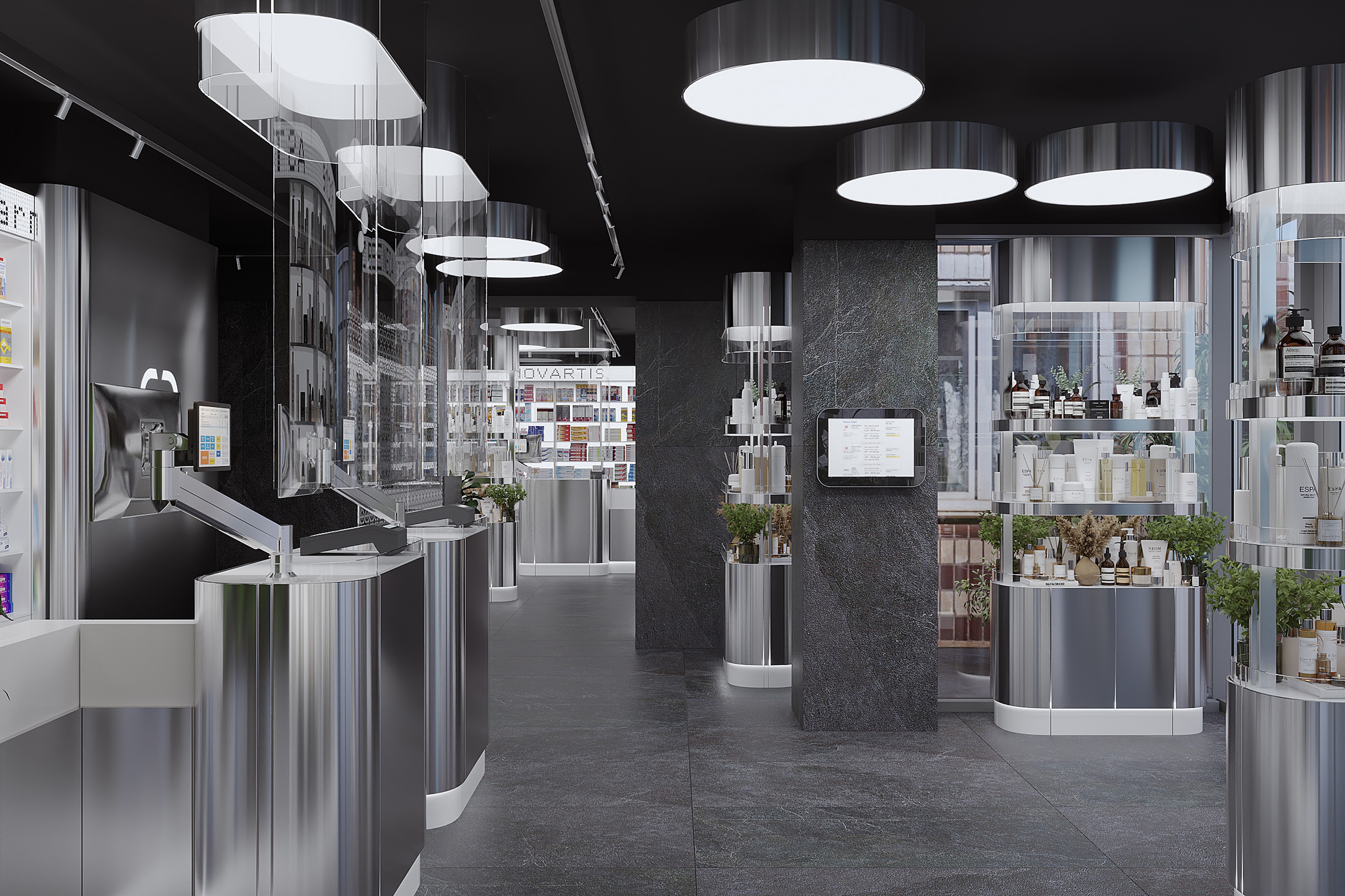 Modern pharmacy interior design with custom retail furniture and stainless steel details