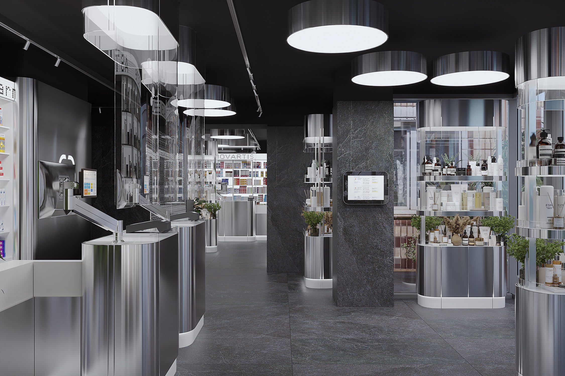 Modern pharmacy interior design with custom retail furniture and stainless steel details