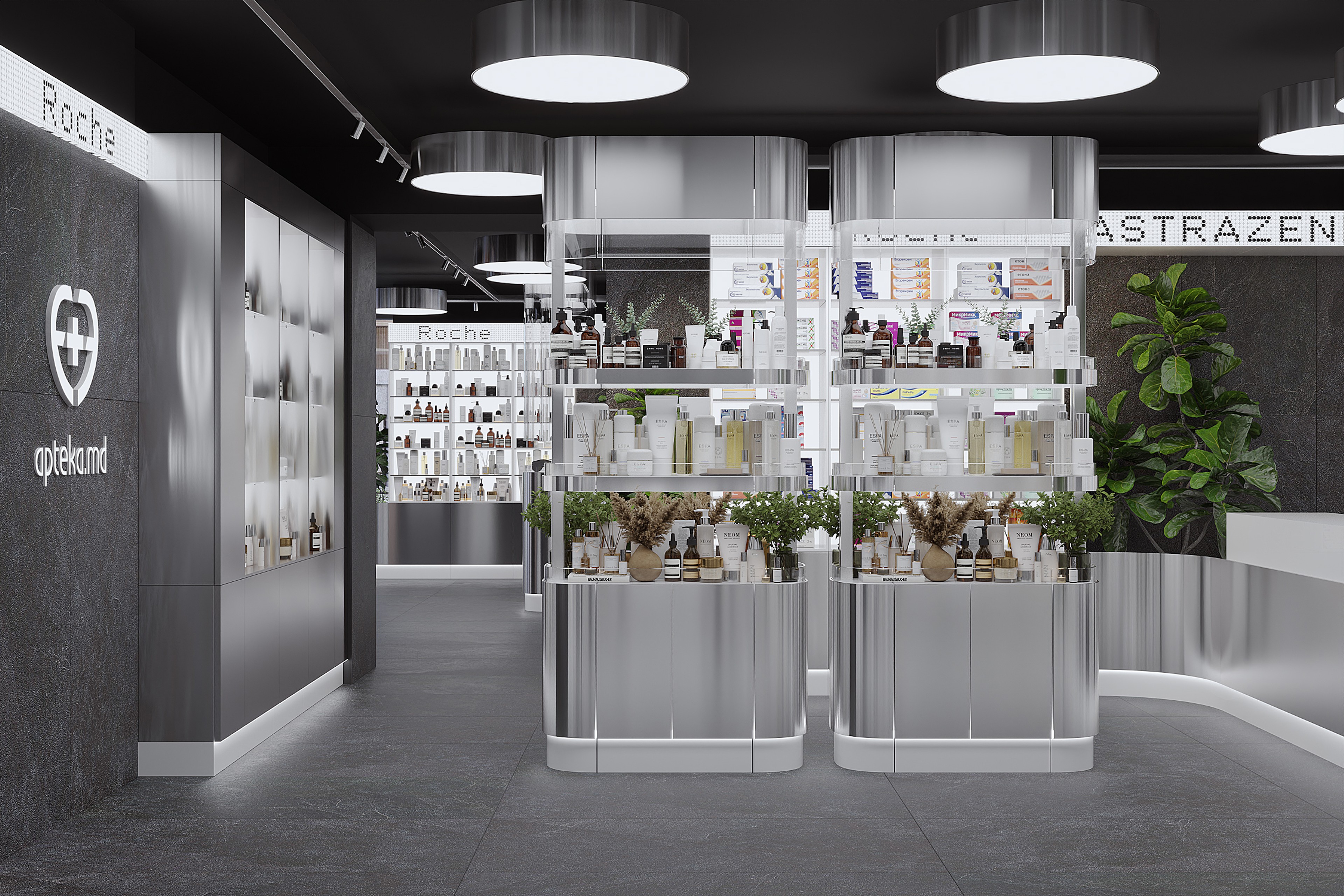 `Apteka.md pharmacy interior with stainless steel product displays, illuminated shelving and modern laboratory-inspired design`