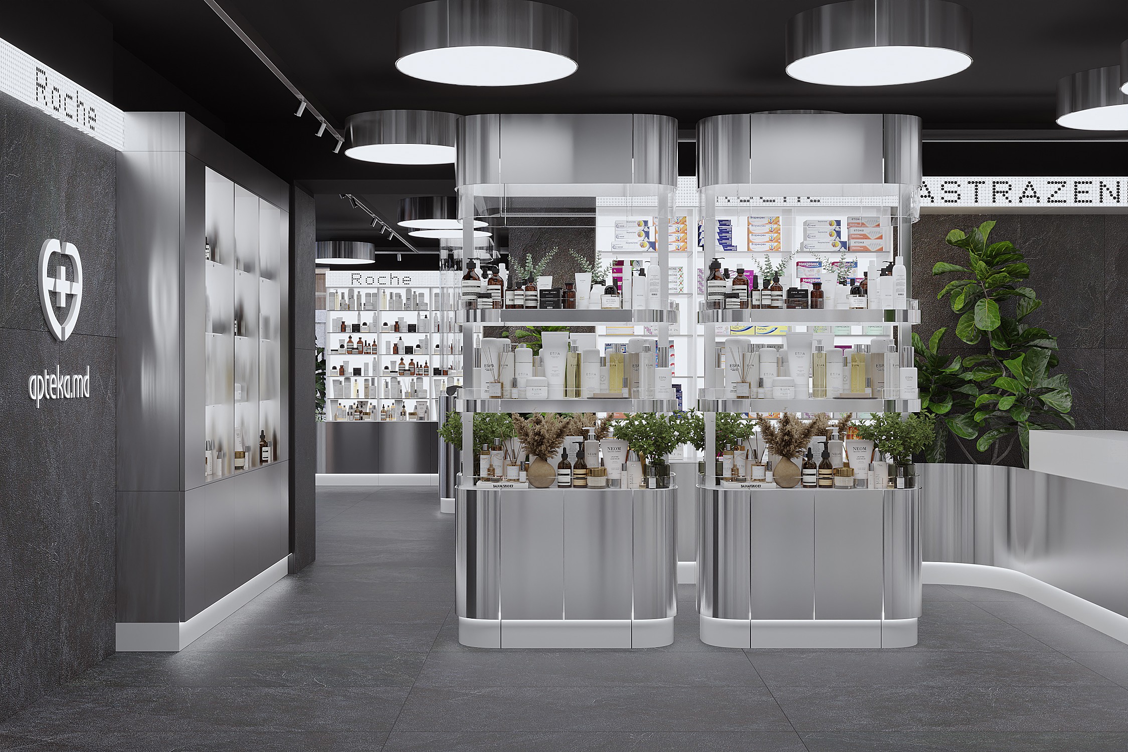 `Apteka.md pharmacy interior with stainless steel product displays, illuminated shelving and modern laboratory-inspired design`