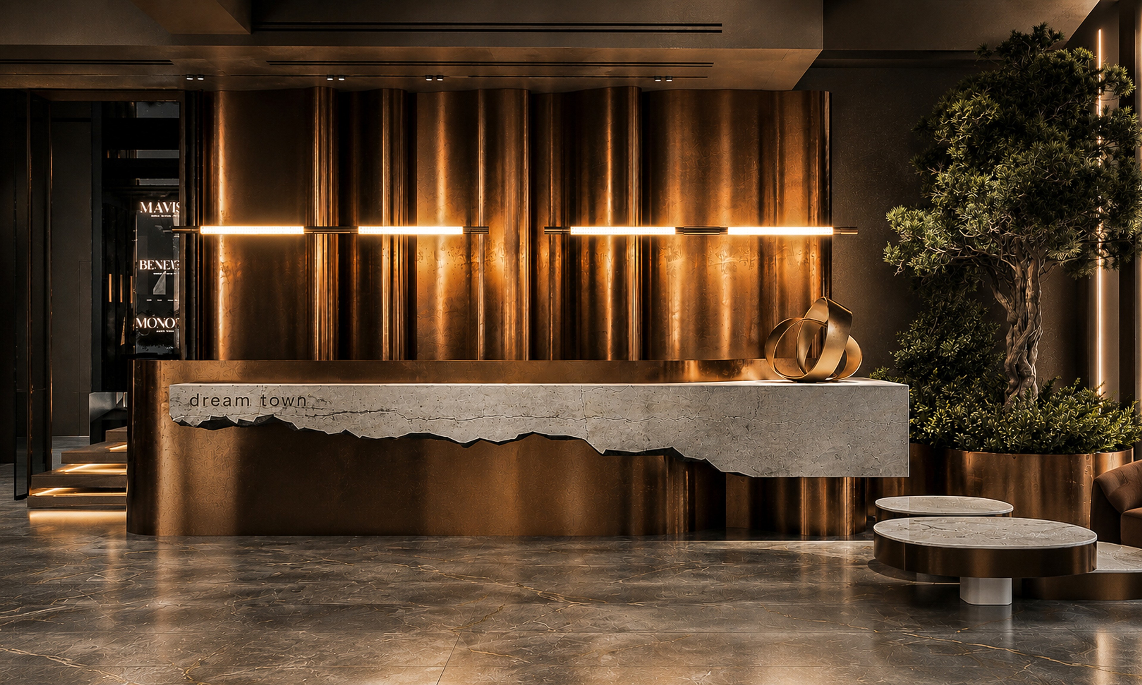 Reception desk of the business centre lobby: stone volume against a bronze wall