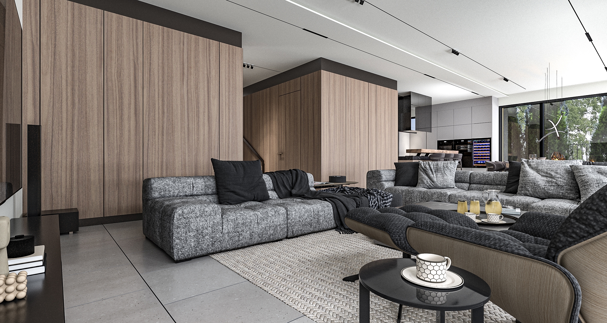 Przestronny salon w stylu contemporary z naturalnym drewnem, dużymi przeszkleniami i kominkiem centralnym.