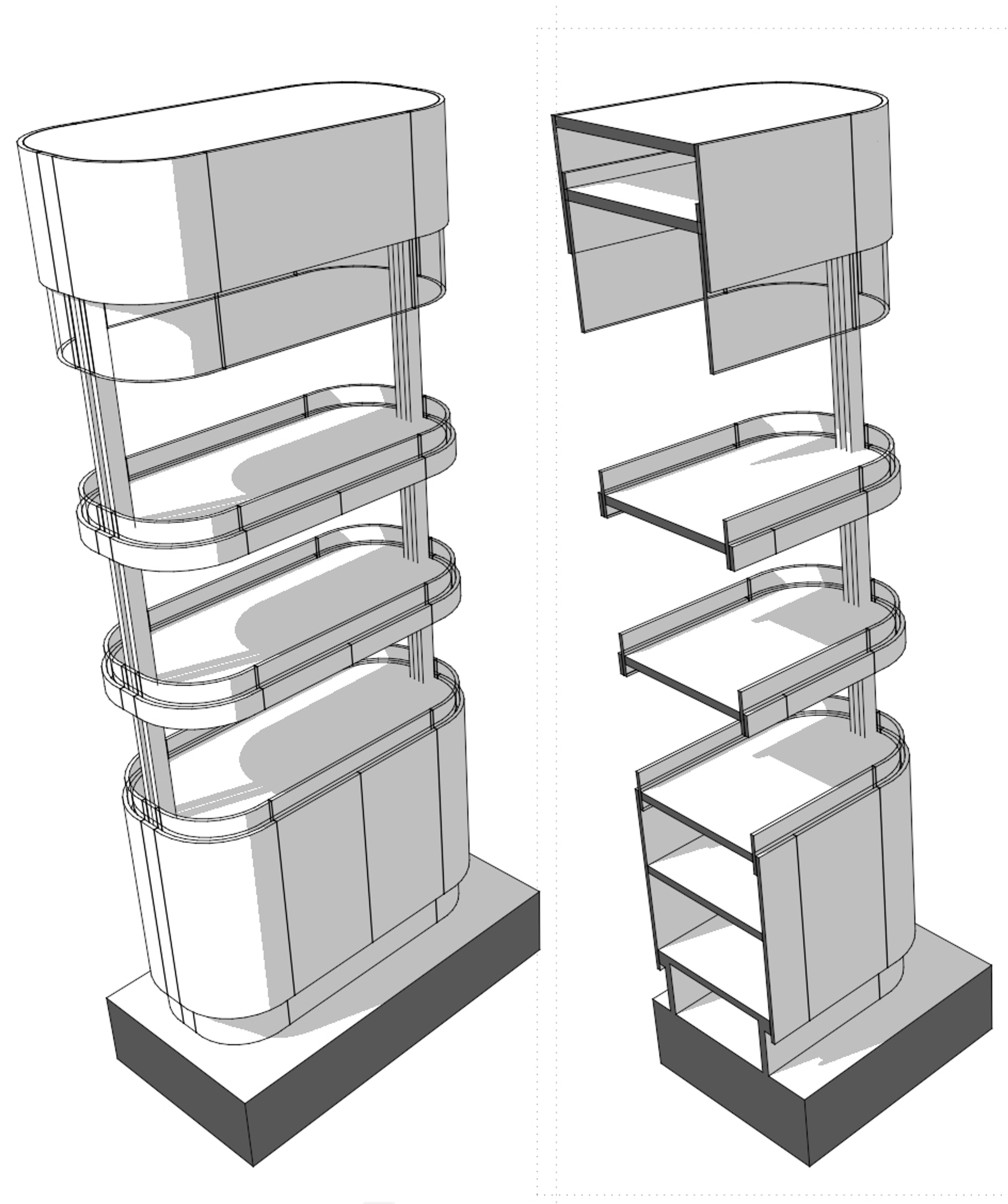 Custom pharmacy display unit drawn as a BIM element, assembled and exploded