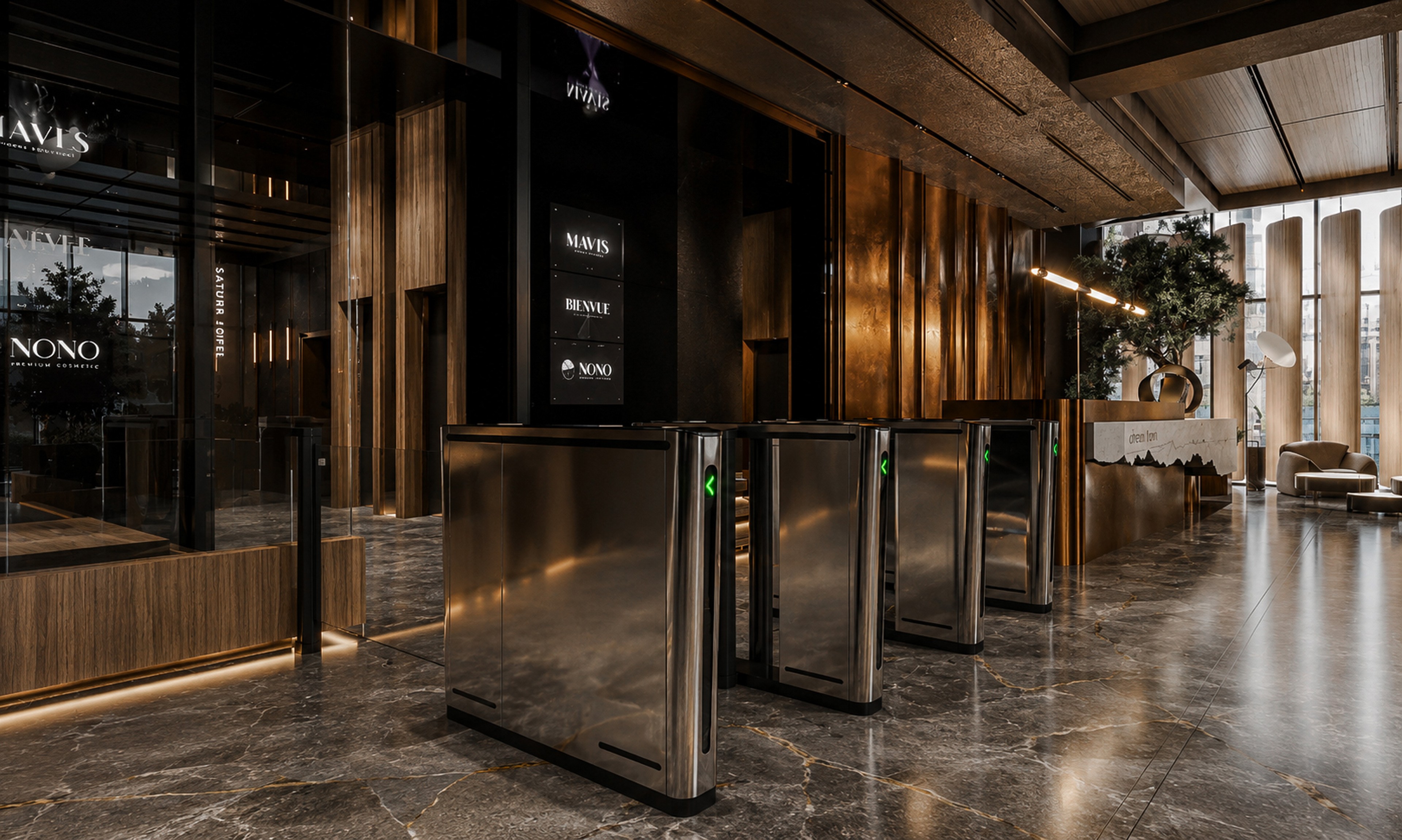 Lobby interior: wood panelling, architectural lighting and porcelain flooring
