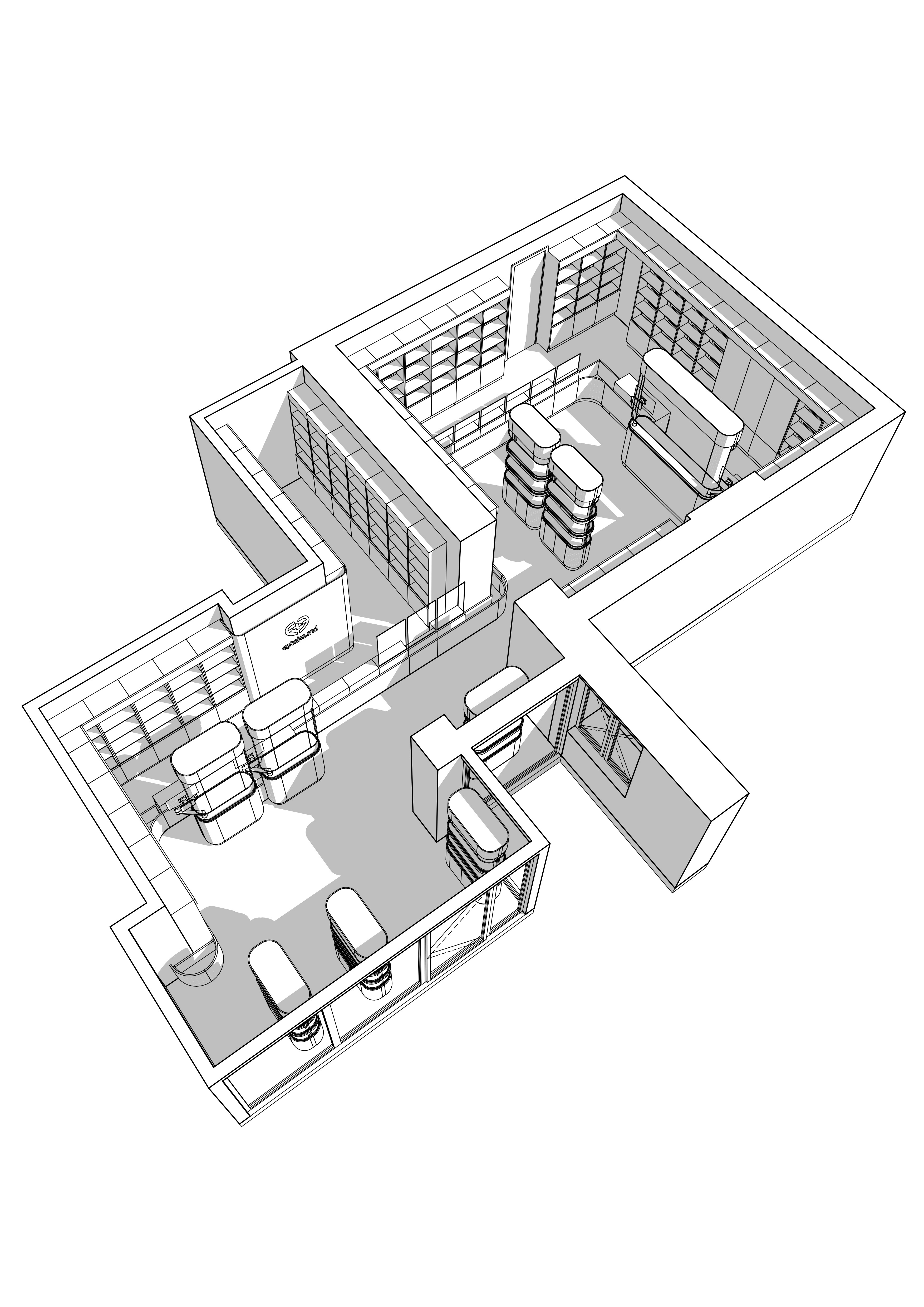 Axonometric view of the pharmacy sales area with custom shelving