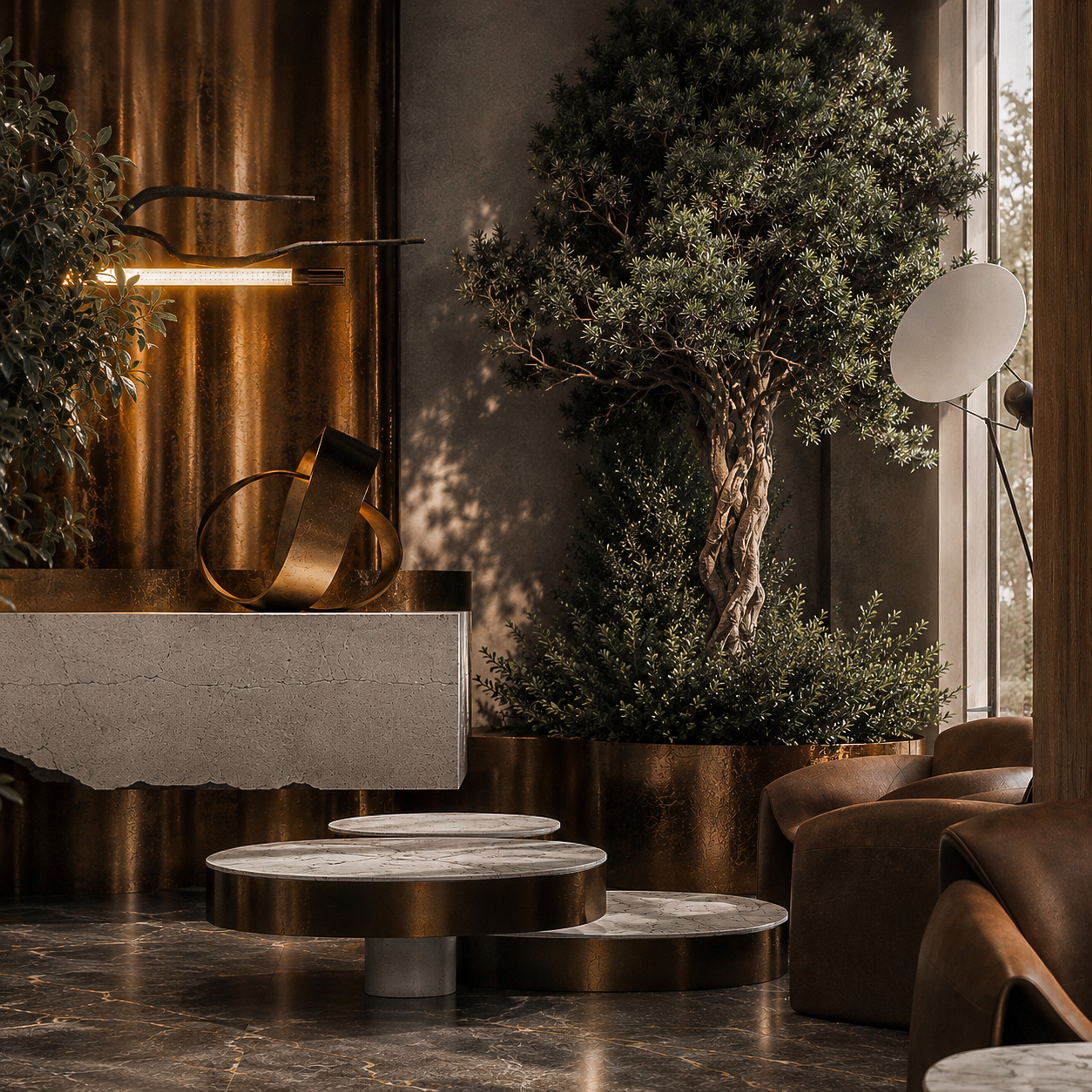 Lounge area of the lobby with bronze tables, leather seating and living greenery