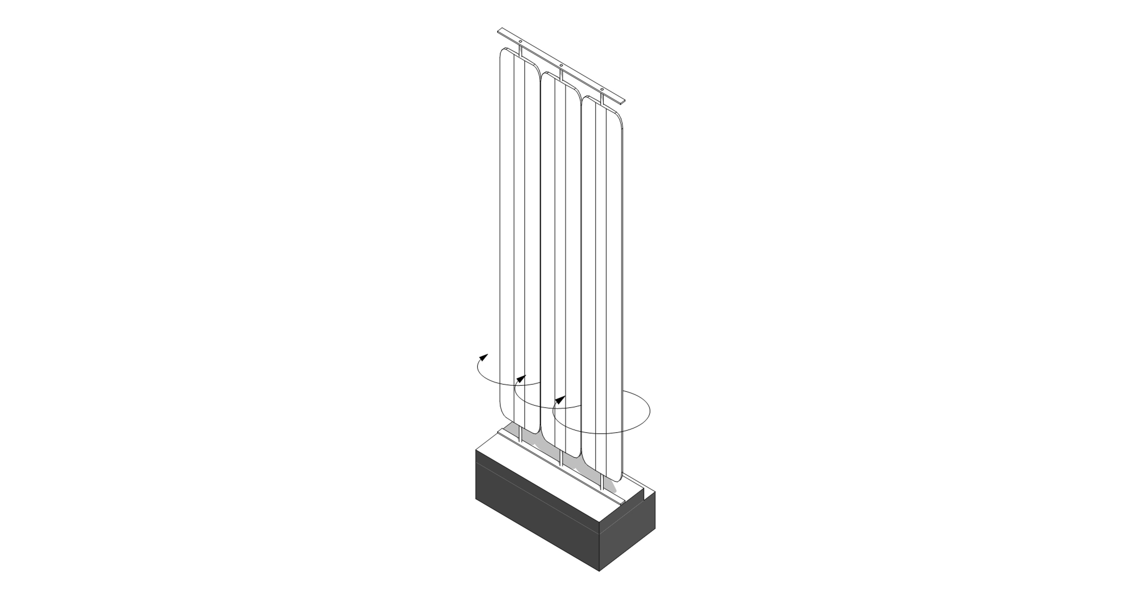 Detail drawing of the rotating wooden window louvers with their axes of rotation