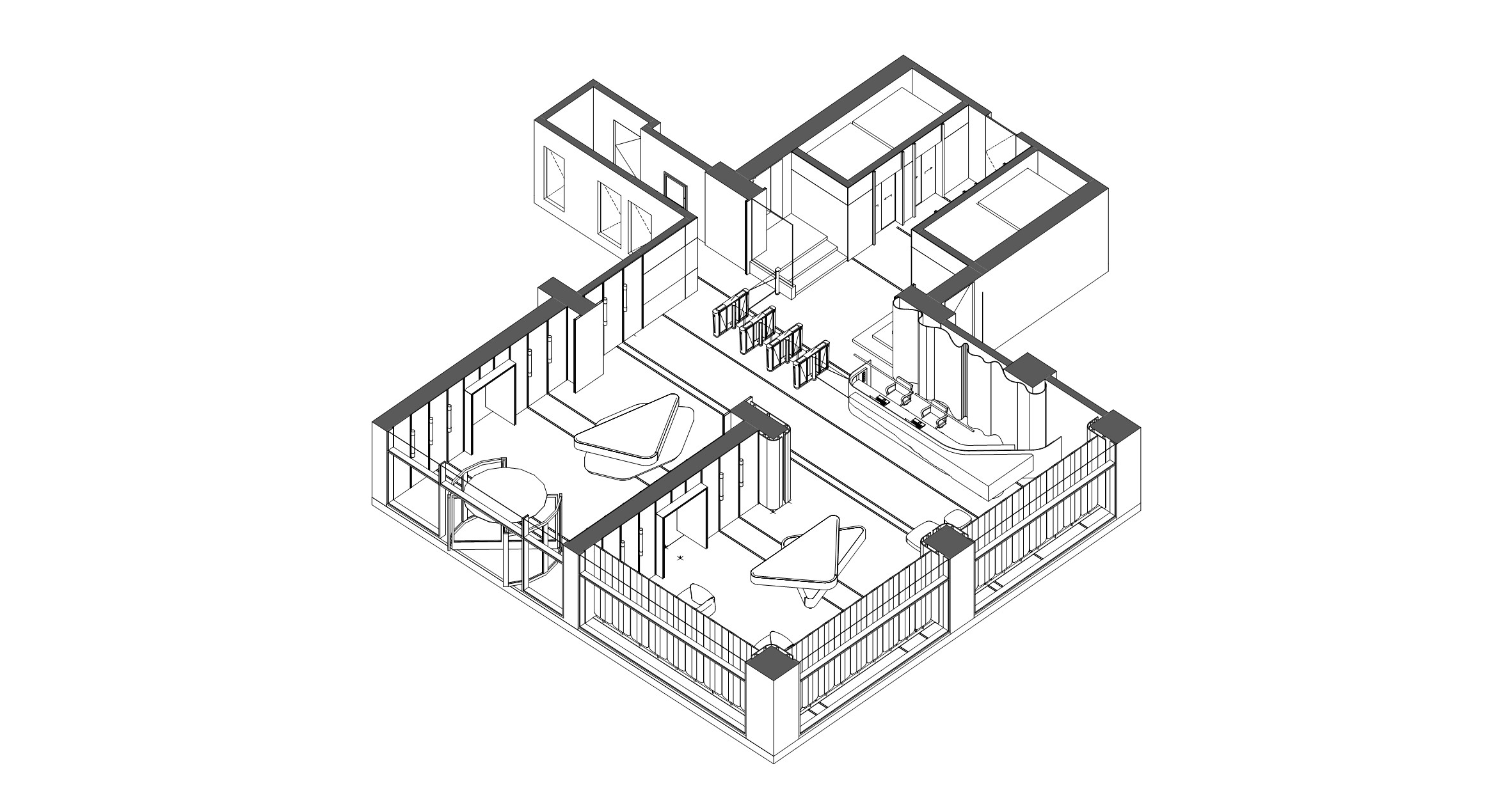 BIM axonometric of the whole lobby: entrance, turnstiles, reception and lounge