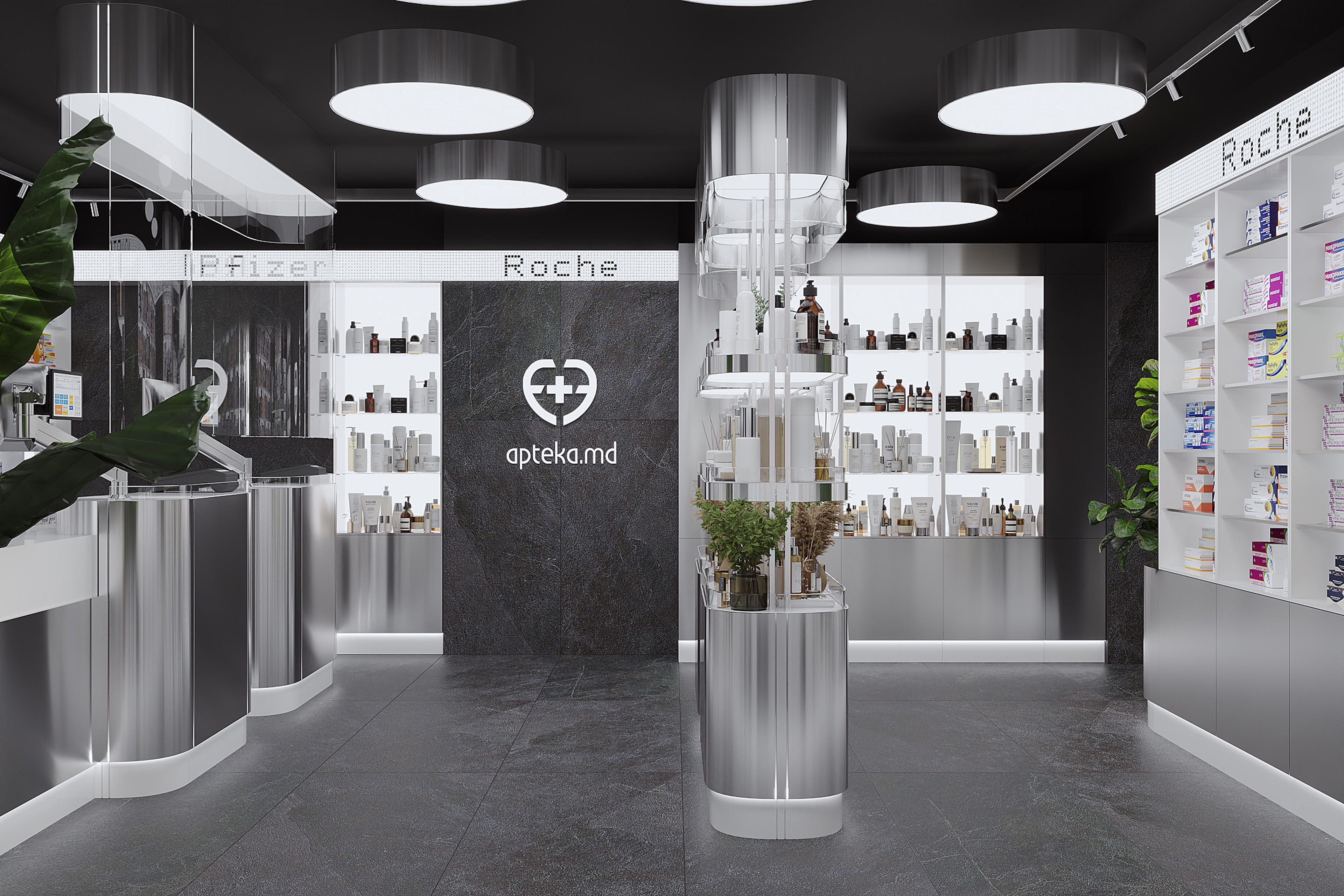 Modern Apteka.md pharmacy interior with stainless steel displays, illuminated shelving and laboratory-inspired retail design