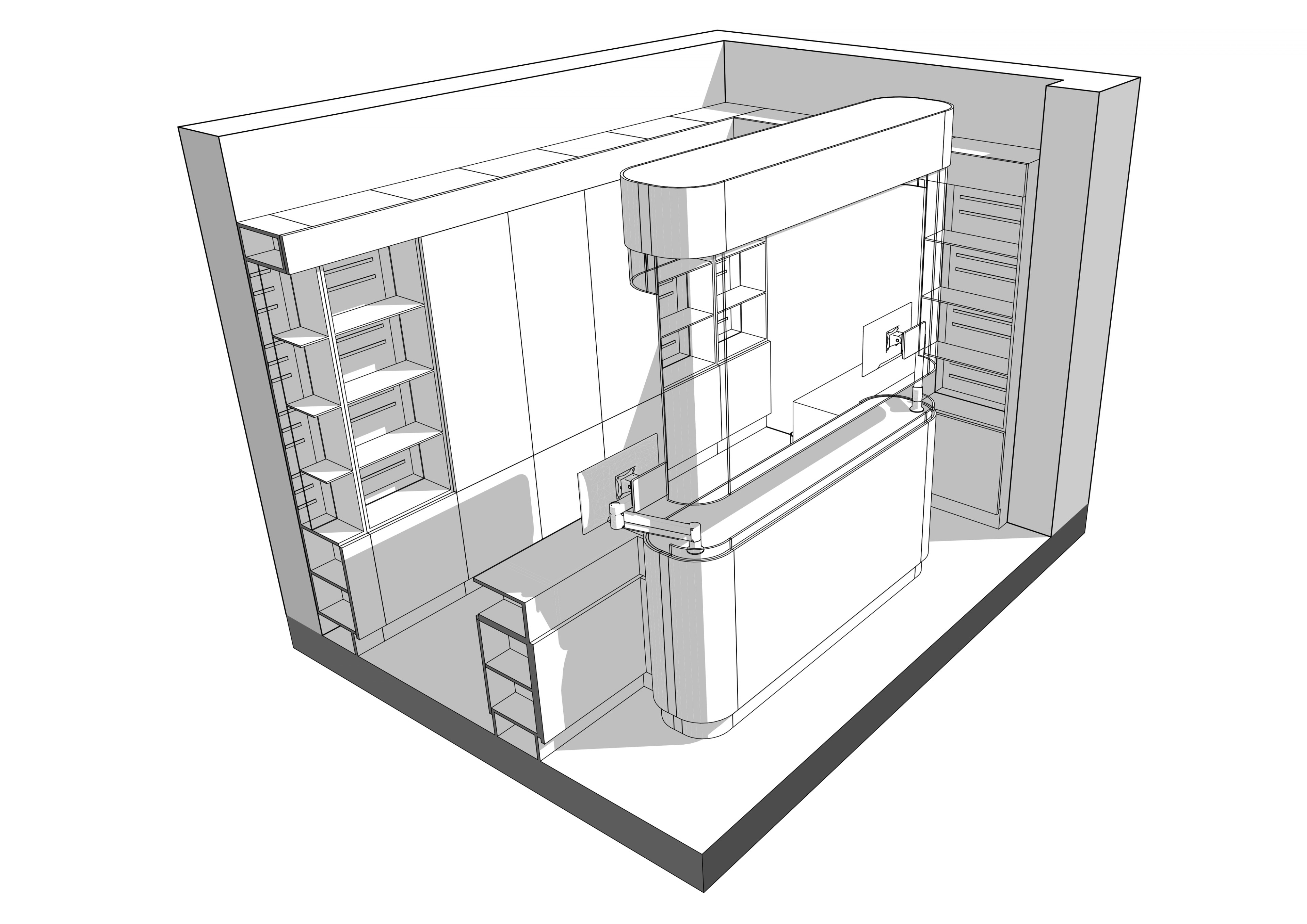 Axonometric view of the cashier zone and the shelving wall behind it