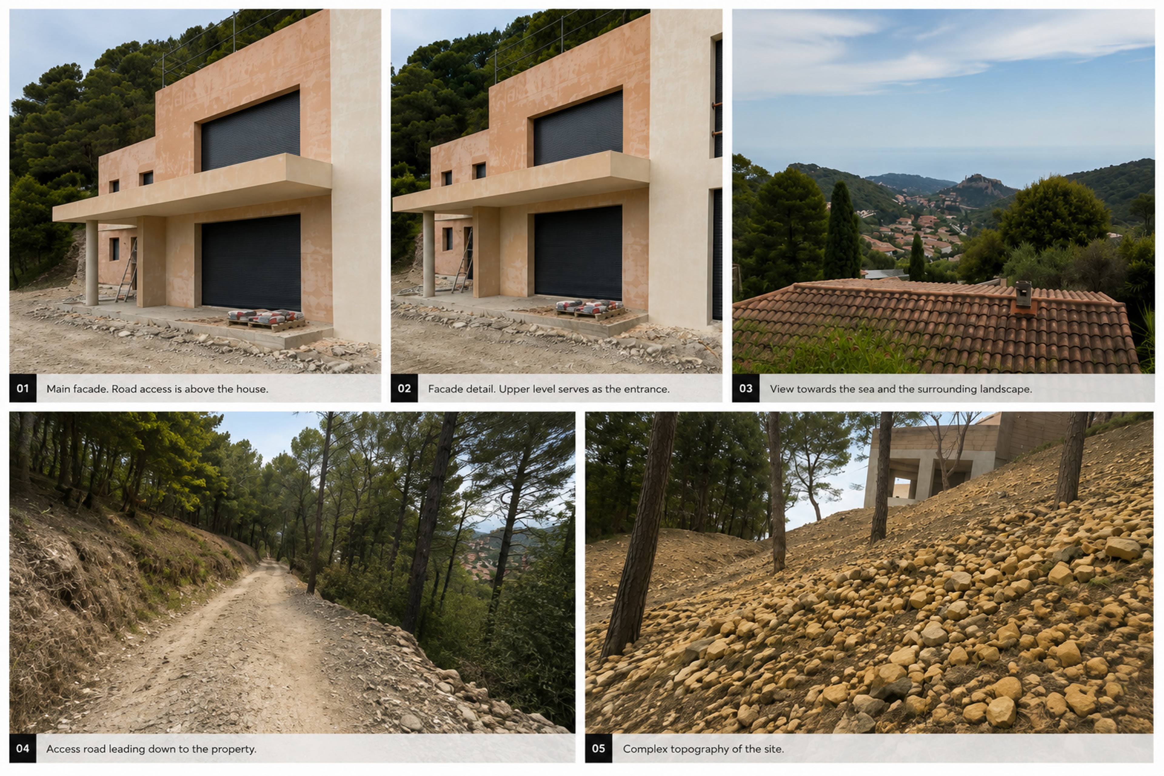 Villa in France on a steep Mediterranean hillside — facade, sea view, access road and complex site topography