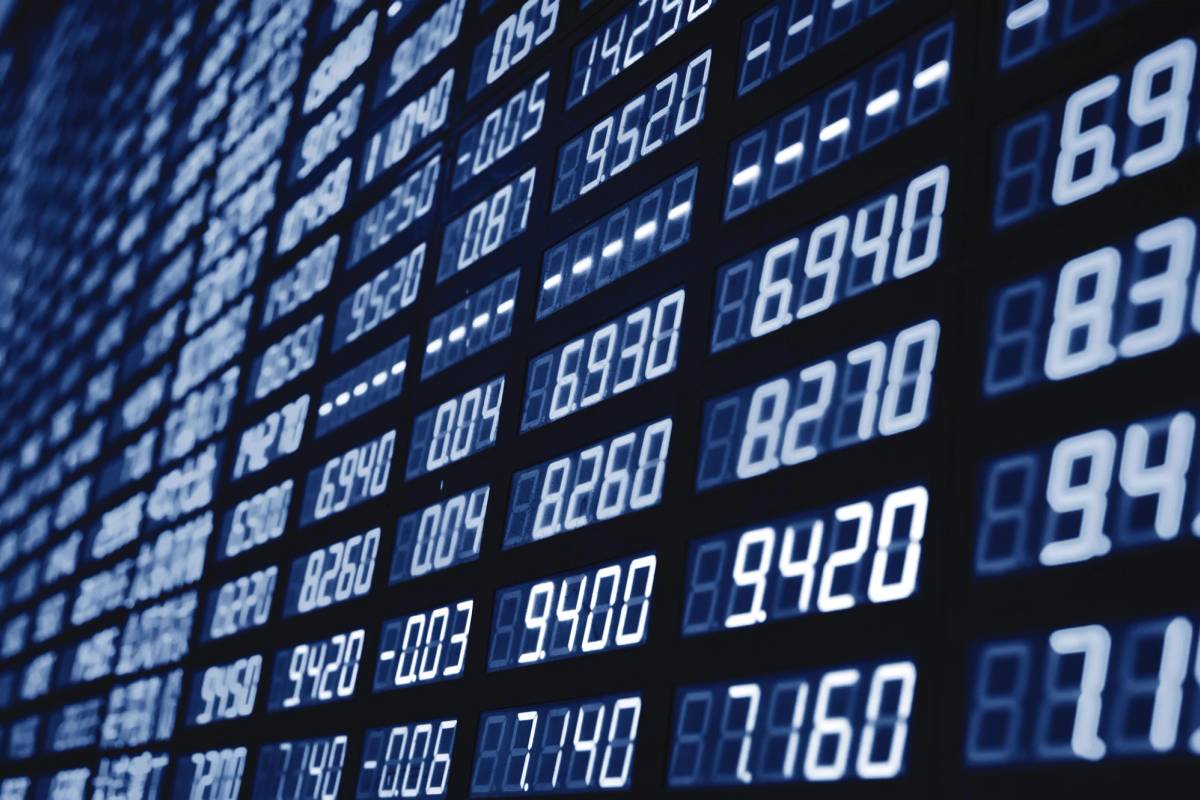A digital screen showing stock market data
