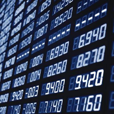 A digital screen showing stock market data