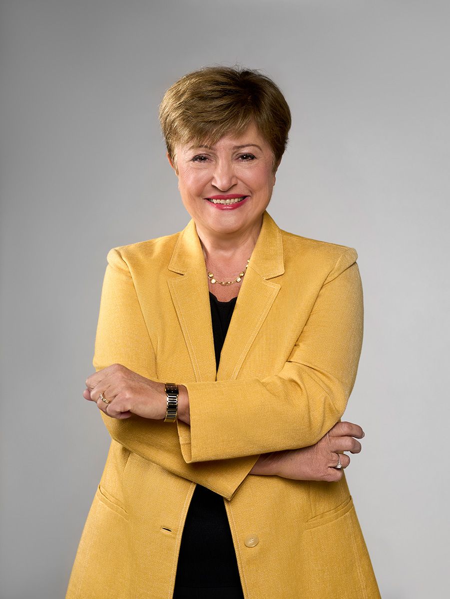 A photo of Kristalina Georgieva smiling wearing a yellow blazer