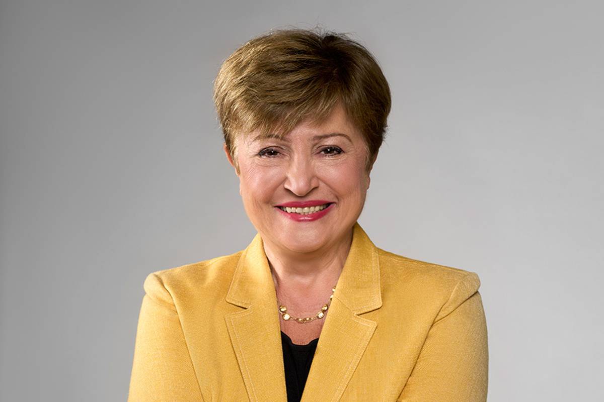A photo of Kristalina Georgieva smiling wearing a yellow blazer