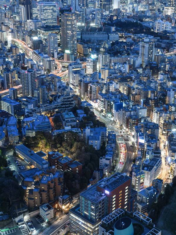 An aerial view of Japan showing many high rise buildings at night with a blue tone