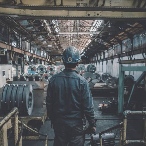Worker in a hard hat inside a steel factory