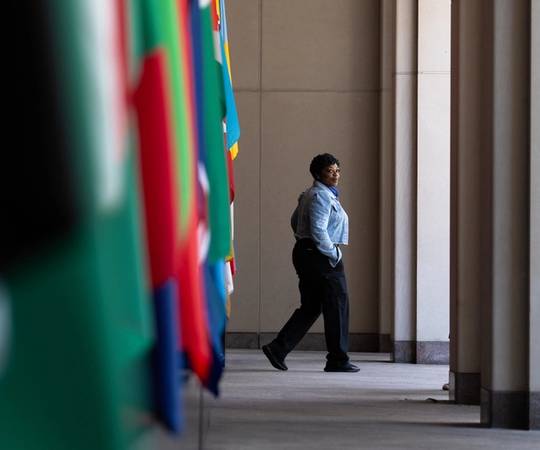 A security woman walks towards the outside with flags of the world in the foreground