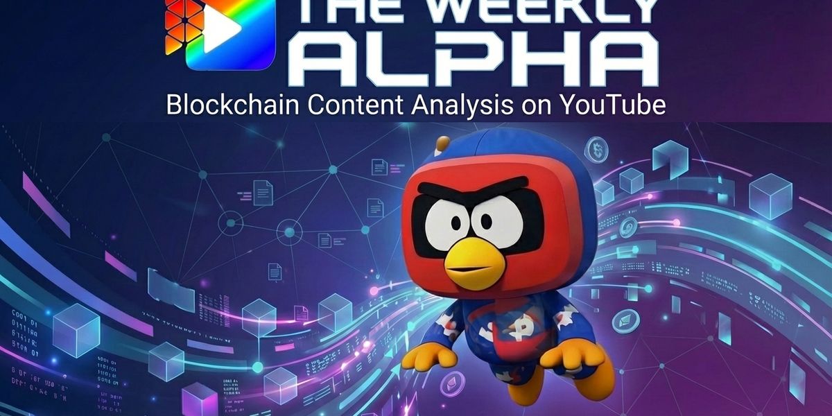 The Agent Tube (mascot of Crypto Tube service) hovering under the title that reads "THE WEEKLY ALPHA" and subtitle "Blockchain Content Analysis on YouTube"