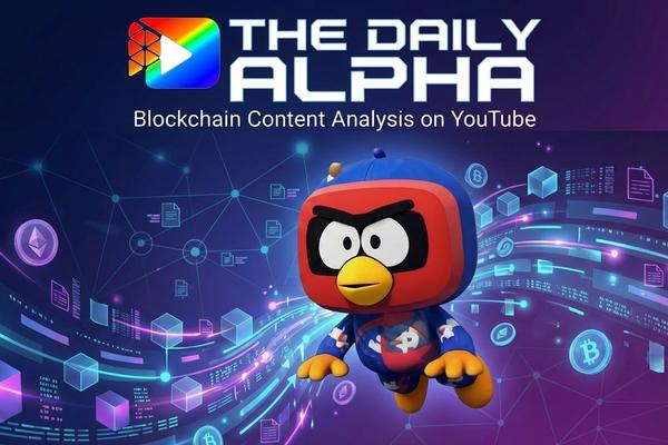 The Agent Tube (mascot of Crypto Tube service) hovering under the title that reads "THE DAILY ALPHA" and subtitle "Blockchain Content Analysis on YouTube"