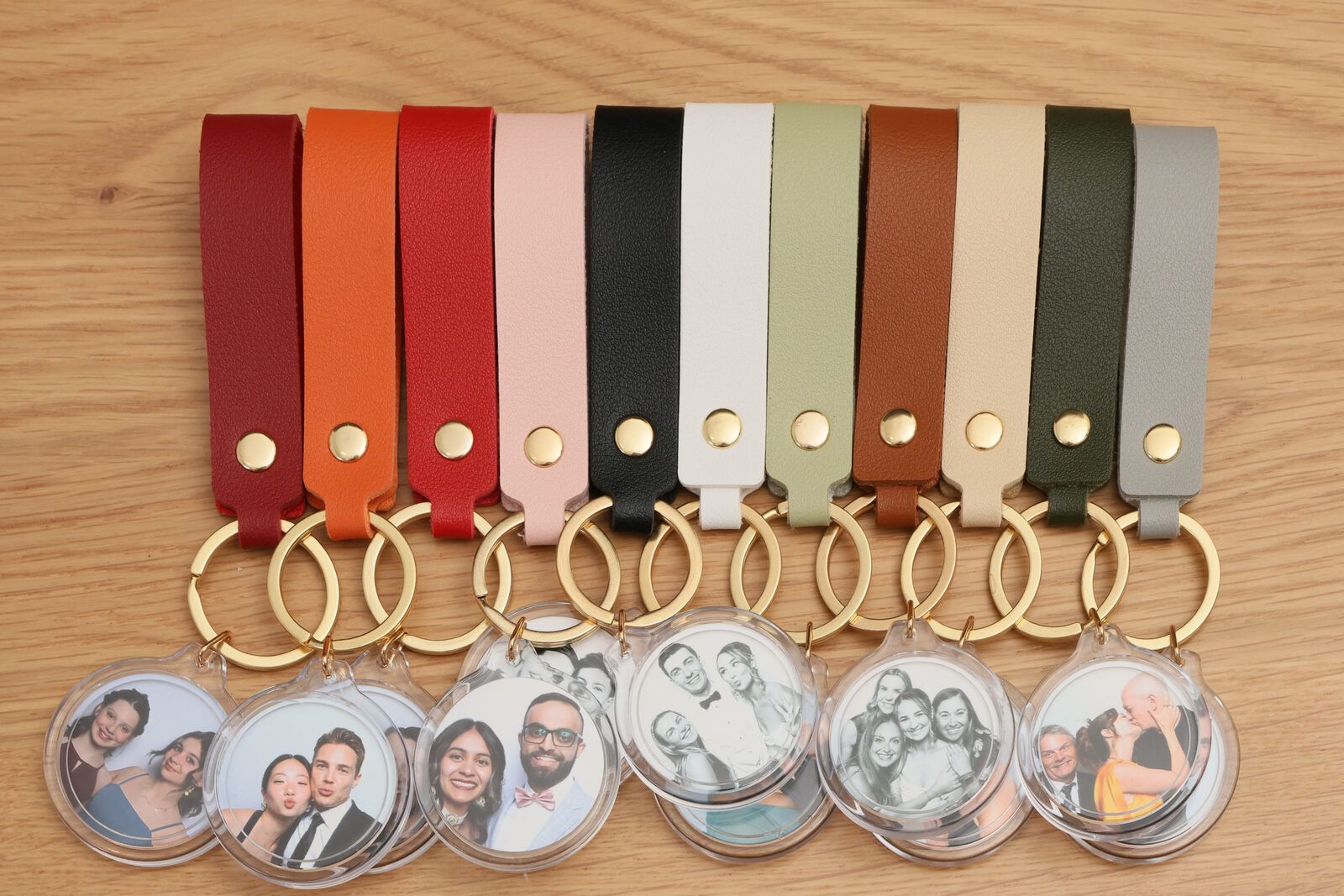 Leather keychain straps laid out in every available colour