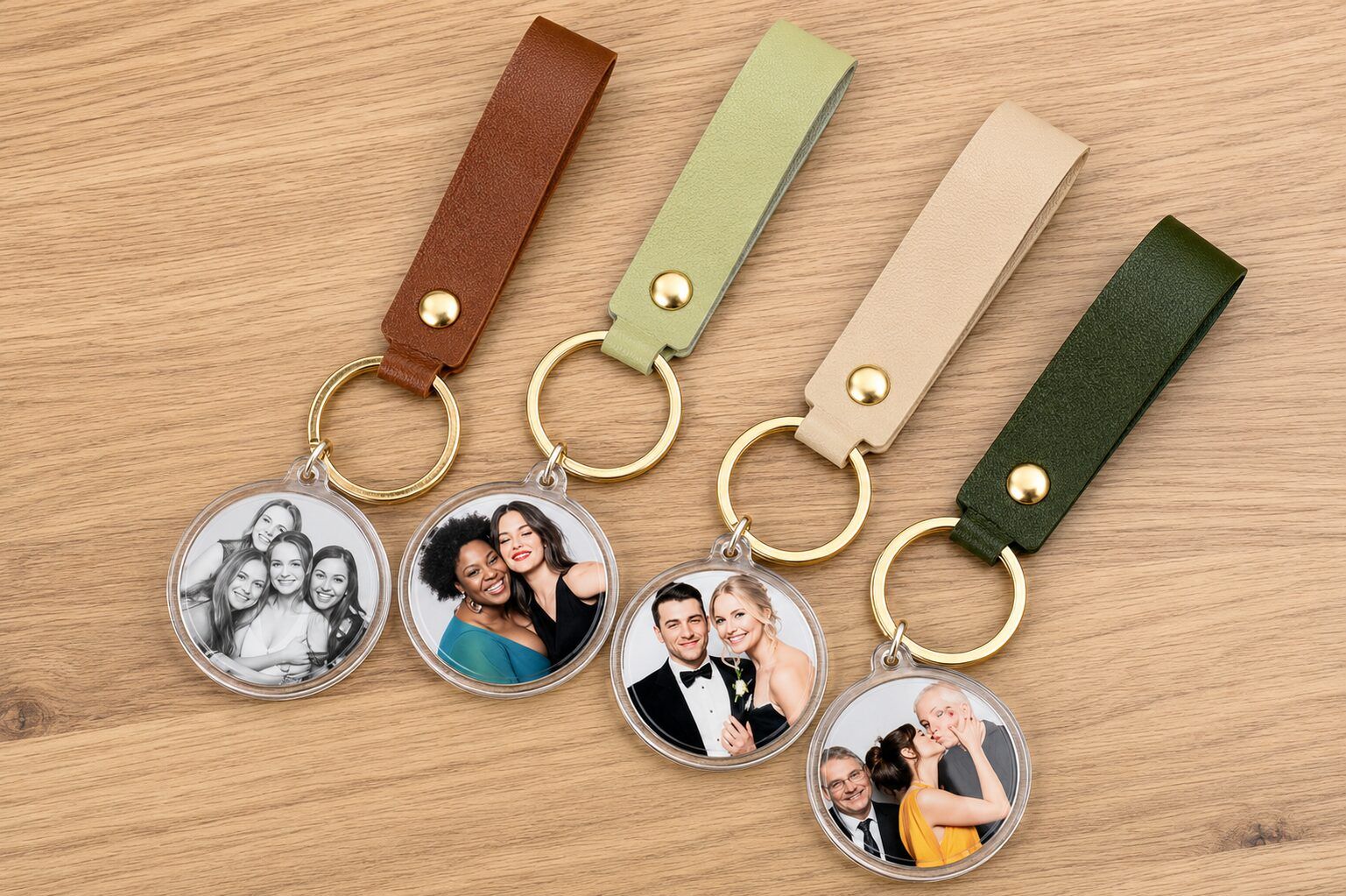 Finished leather keychains with sealed wedding booth photos
