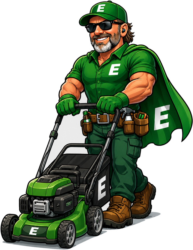 Evergreen technician mowing a lawn