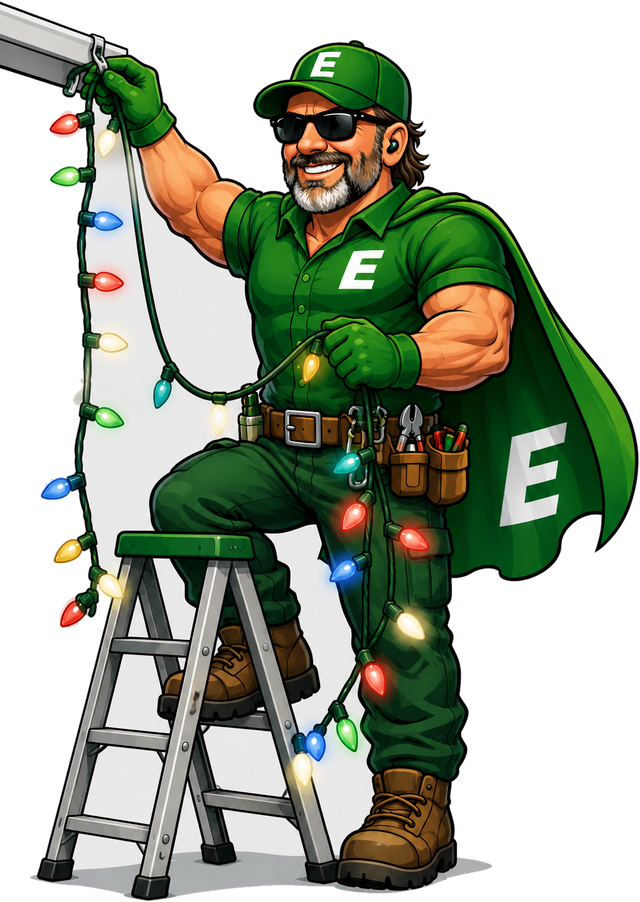 Evergreen technician hanging holiday lights from a ladder