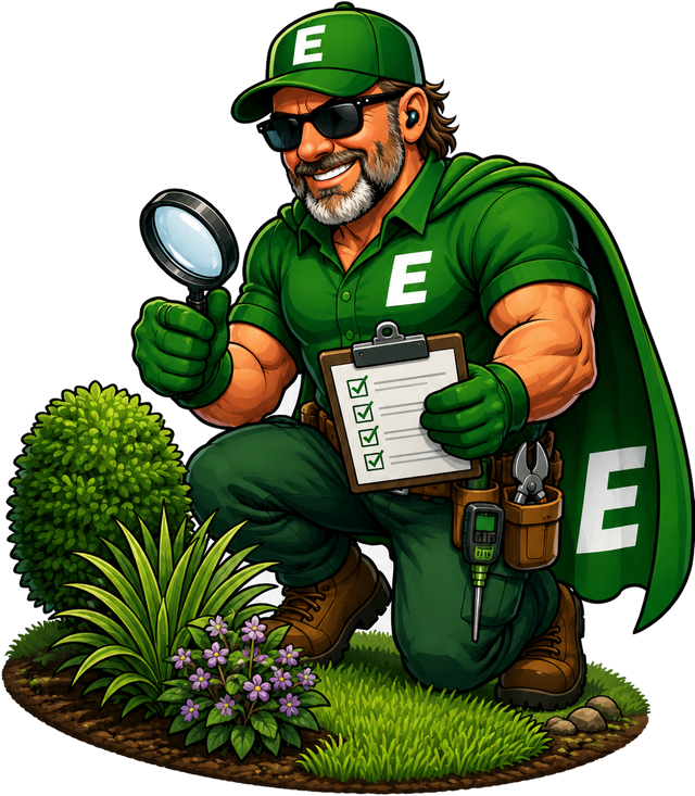 Evergreen technician inspecting a landscape bed with a checklist