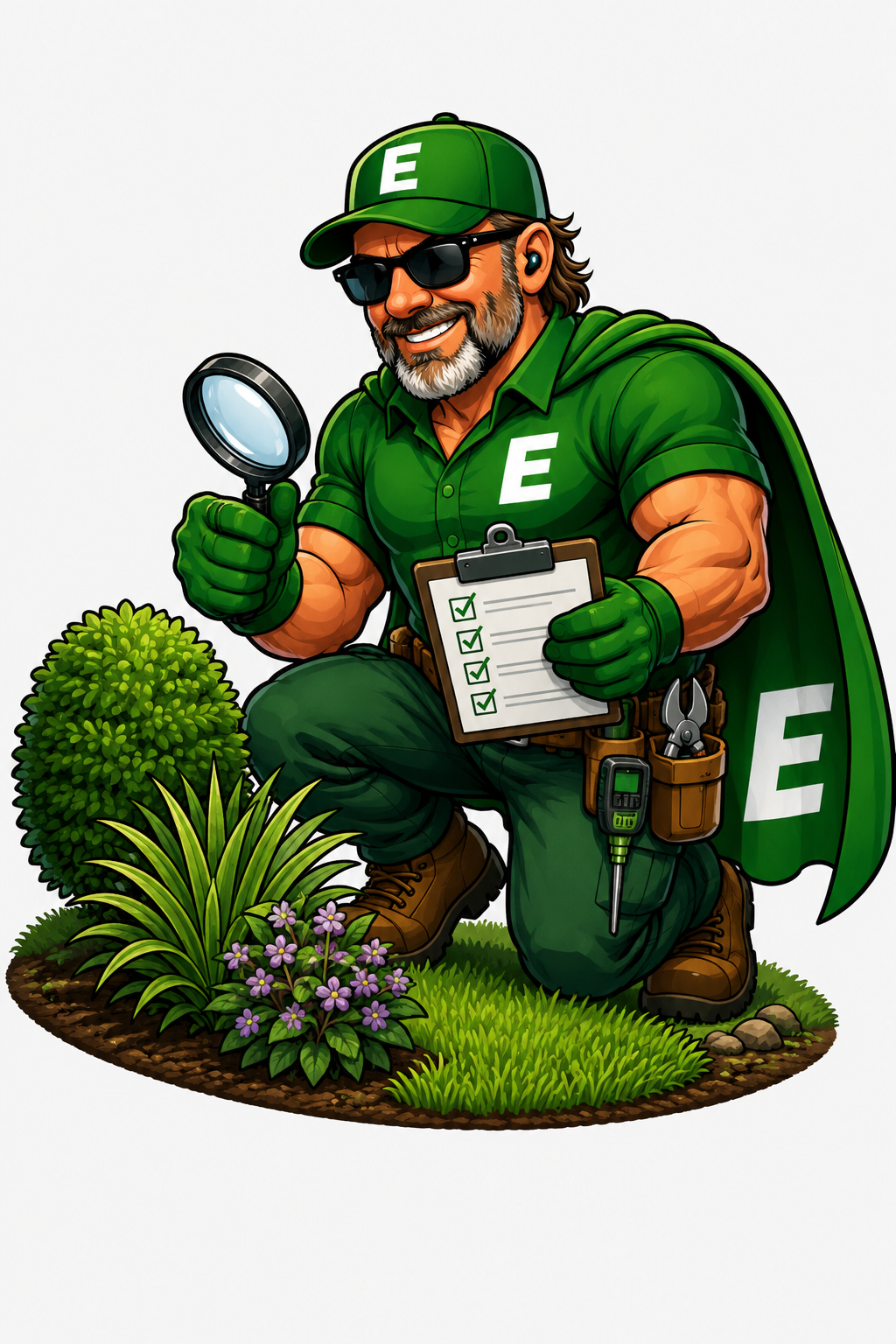 Evergreen technician inspecting a lawn and landscape bed with a checklist