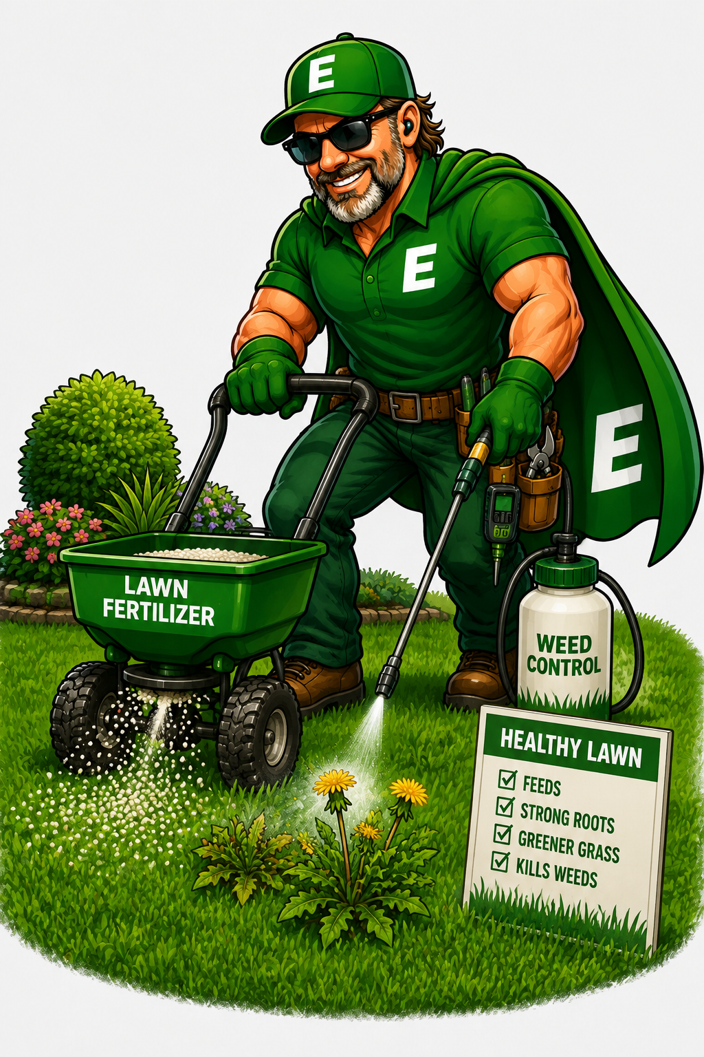 Evergreen technician spreading fertilizer and treating weeds