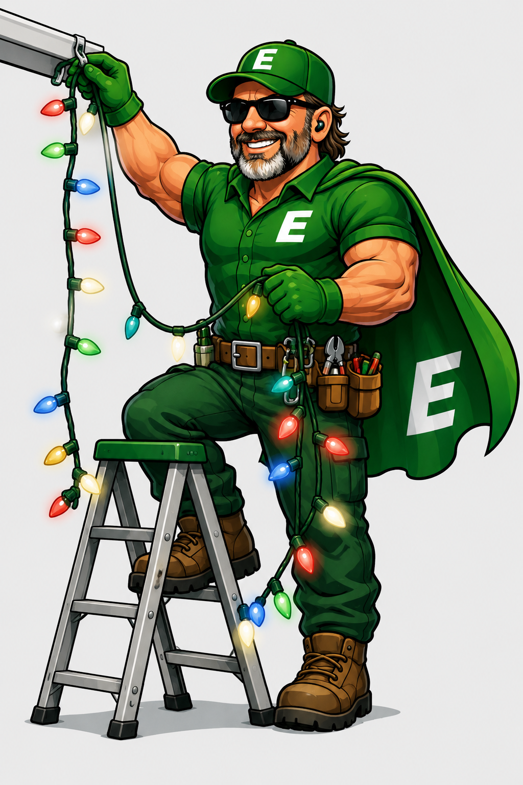 Evergreen technician hanging holiday lights from a ladder