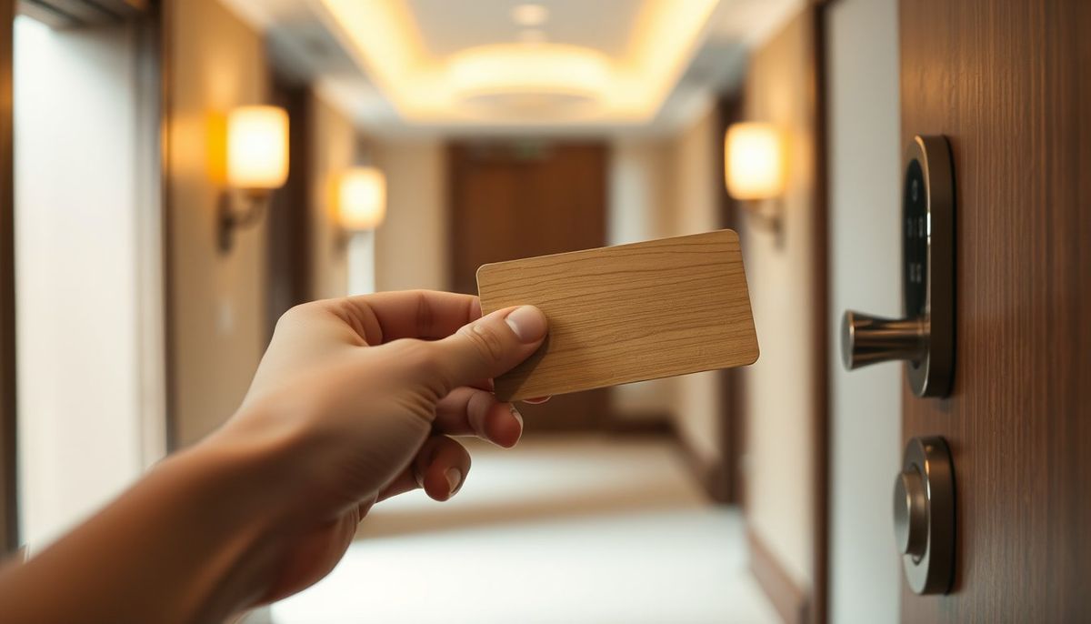 Visuel provisoire : Une main tend une carte-clé en bois vers une serrure dans un couloir d'hôtel