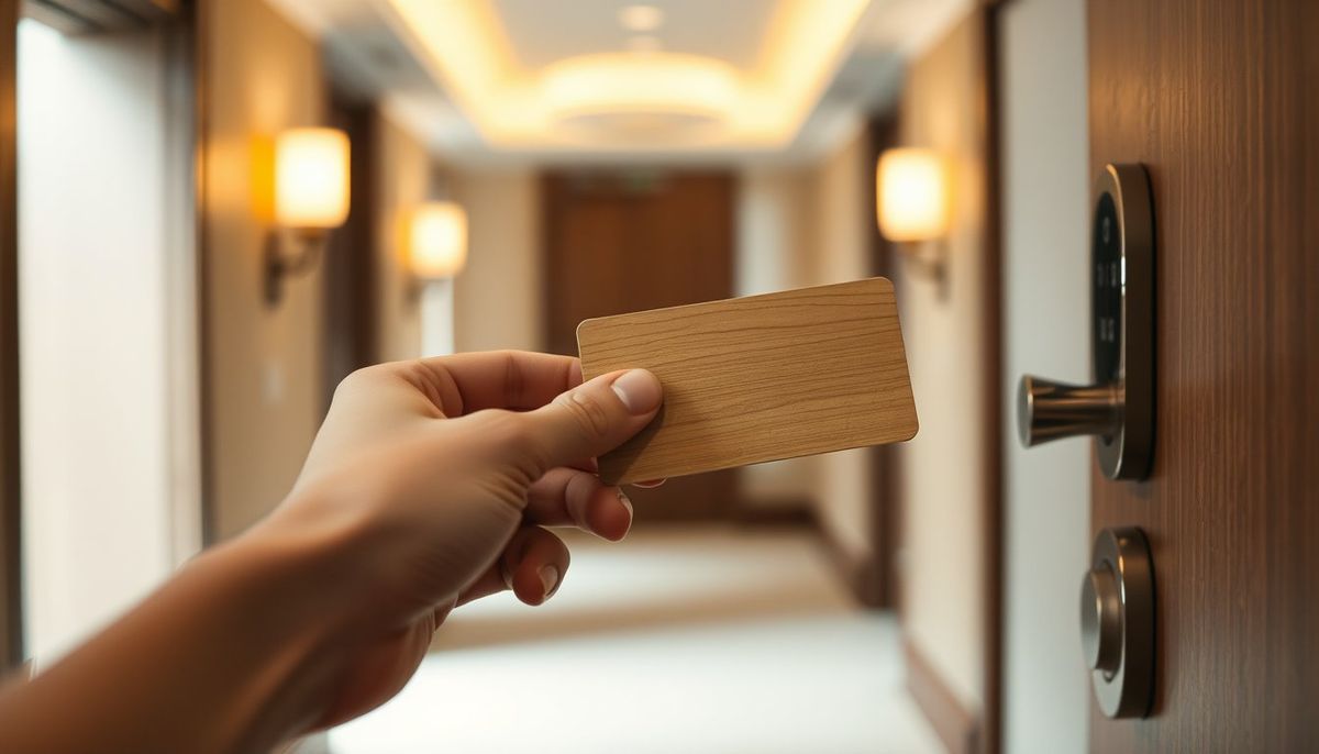 Visuel provisoire : Une main tend une carte-clé en bois vers une serrure dans un couloir d'hôtel