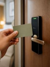Visuel provisoire : Carte vert sauge approchée de la serrure d'une chambre