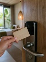 Visuel provisoire : Carte en bois approchée de la serrure d'une chambre