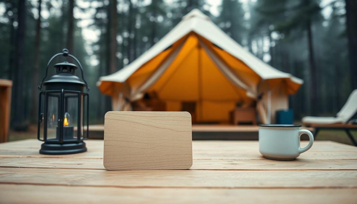 Visuel provisoire : Carte-clé en bois clair sur une table devant une tente de glamping en forêt