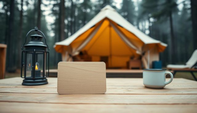 Visuel provisoire : Carte-clé en bois clair sur une table devant une tente de glamping en forêt