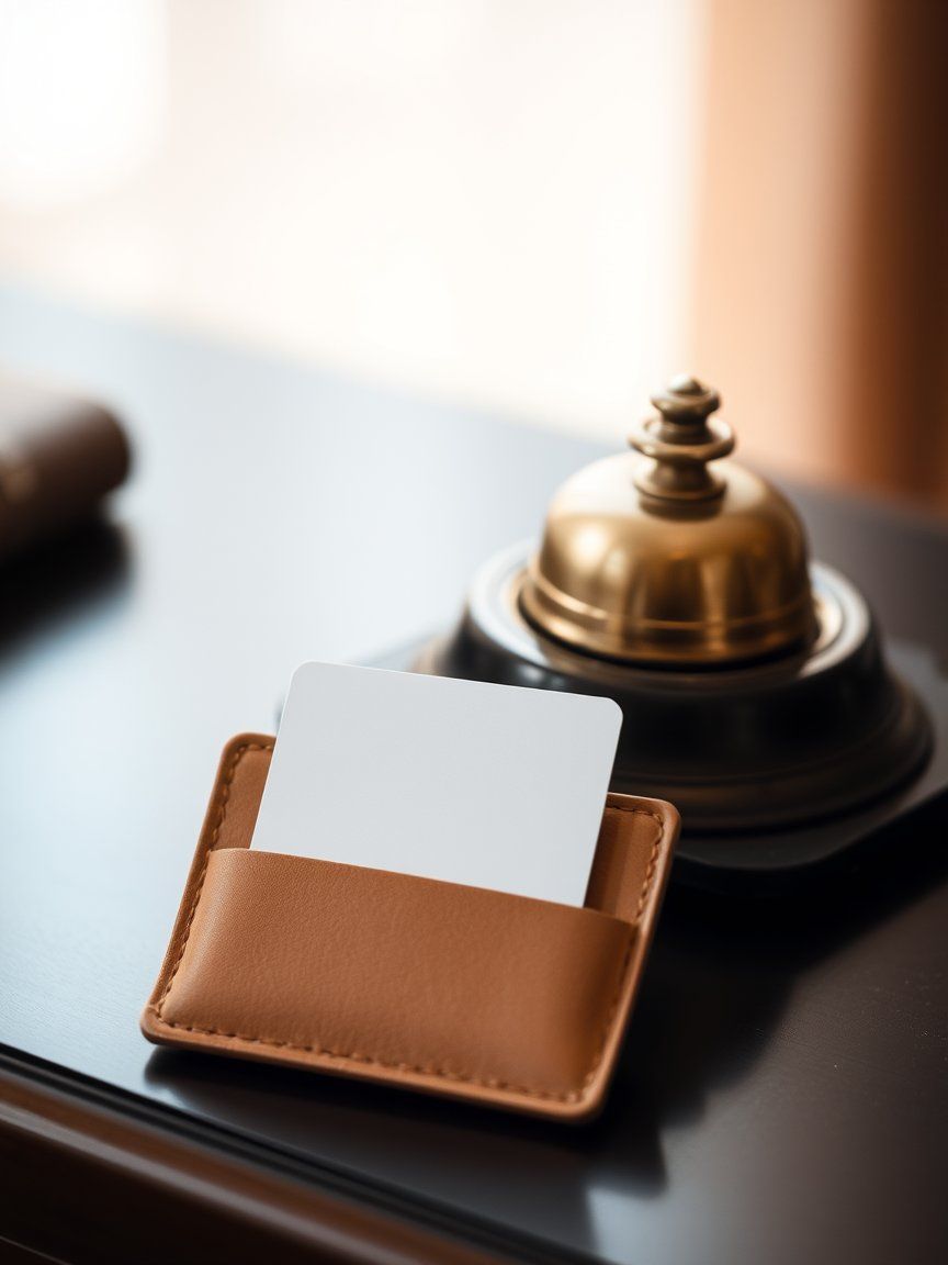Visuel provisoire : Carte dans un porte-cartes en cuir naturel sur un comptoir d'accueil